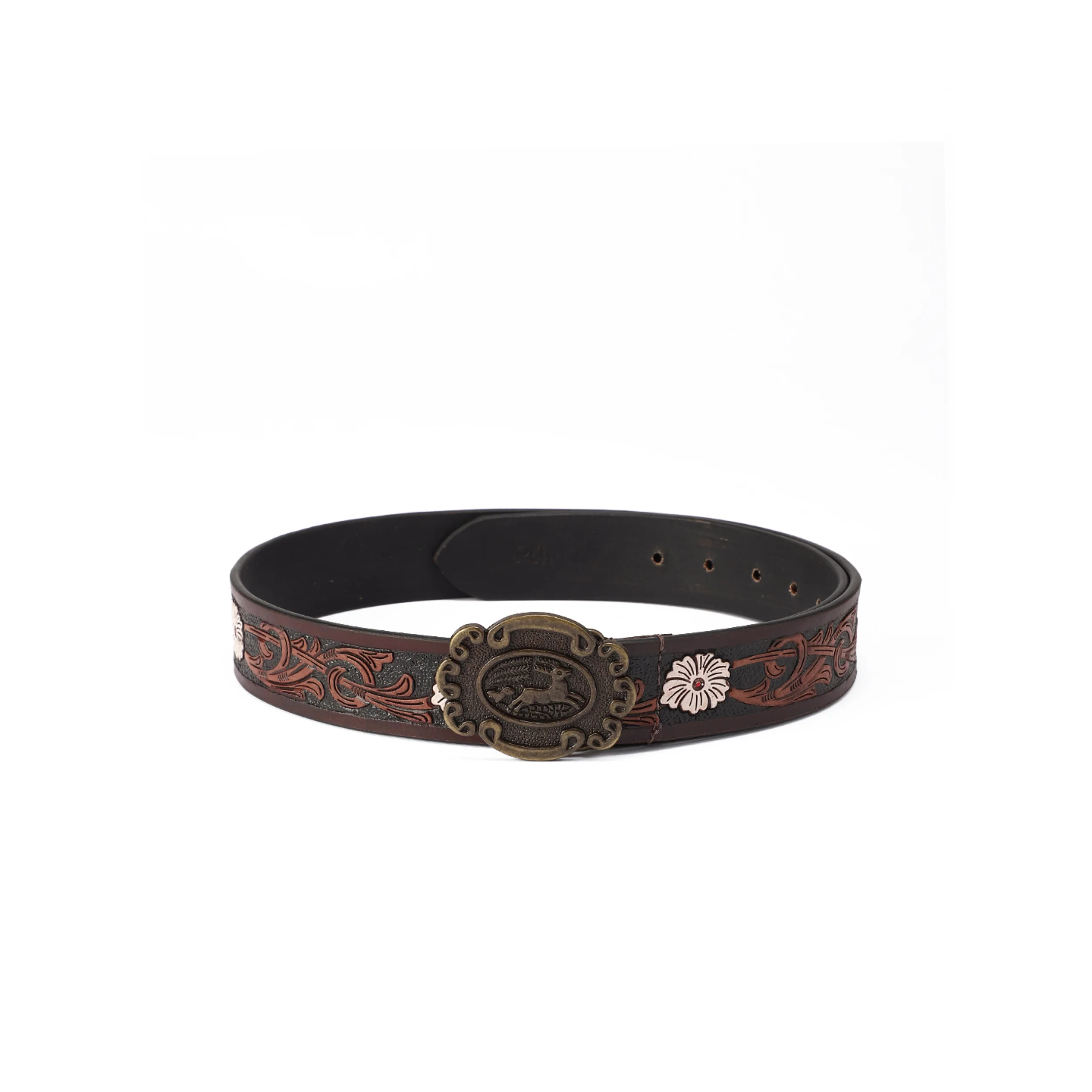 Unisex Genuine Leather Western Brown Embossed Floral Waist Accessory Antique Buckle - Image 2
