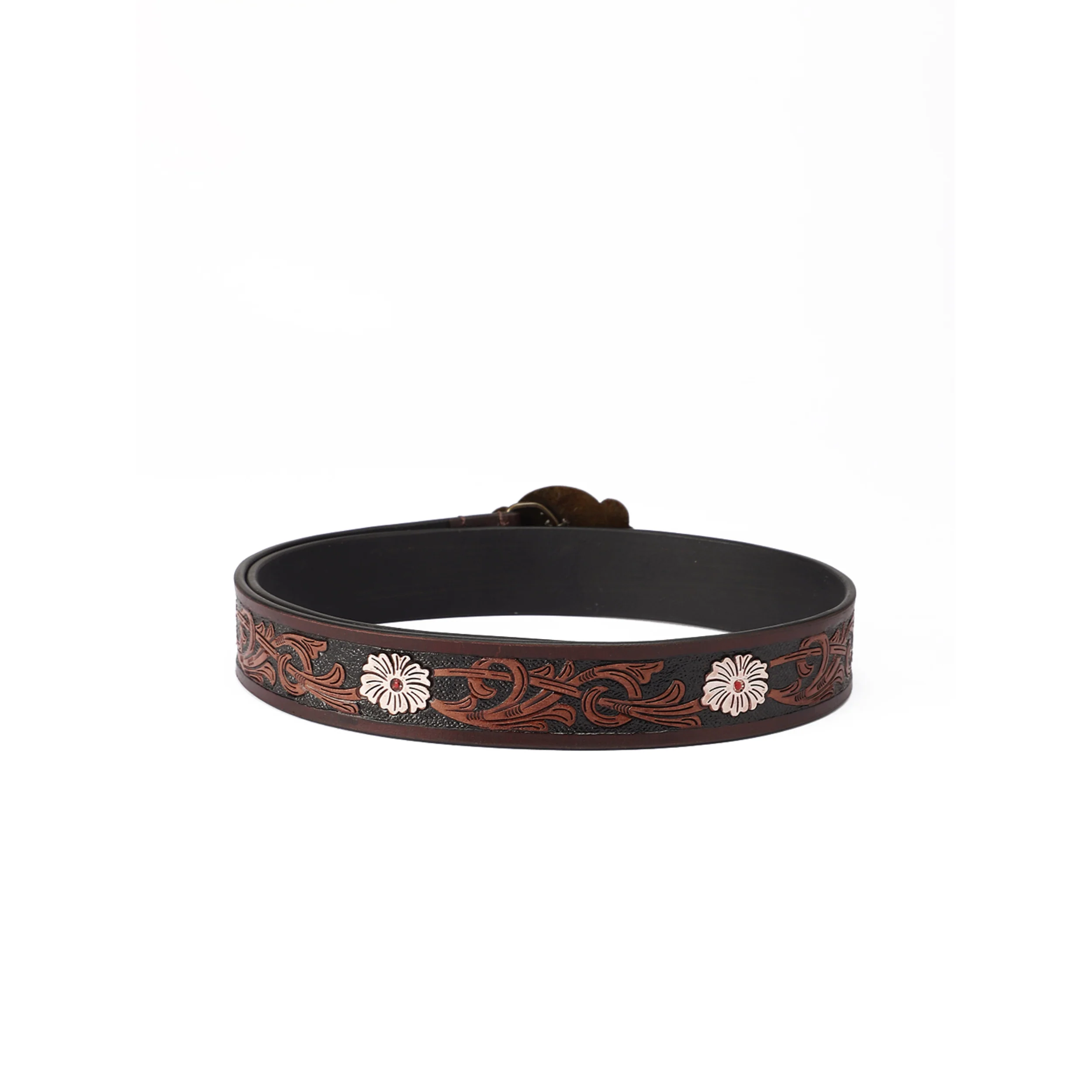 Unisex Genuine Leather Western Brown Embossed Floral Waist Accessory Antique Buckle - Image 4