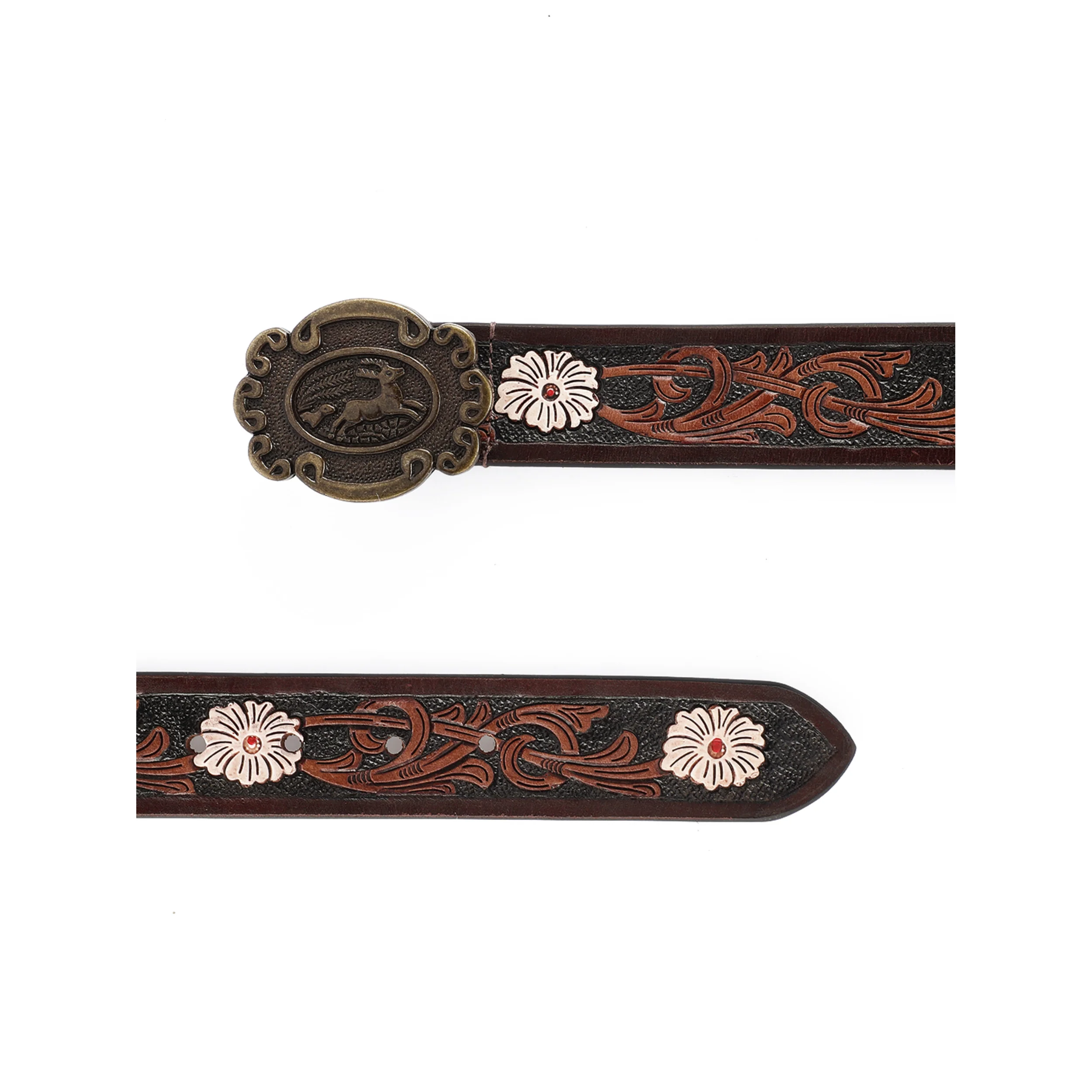 Unisex Genuine Leather Western Brown Embossed Floral Waist Accessory Antique Buckle - Image 5