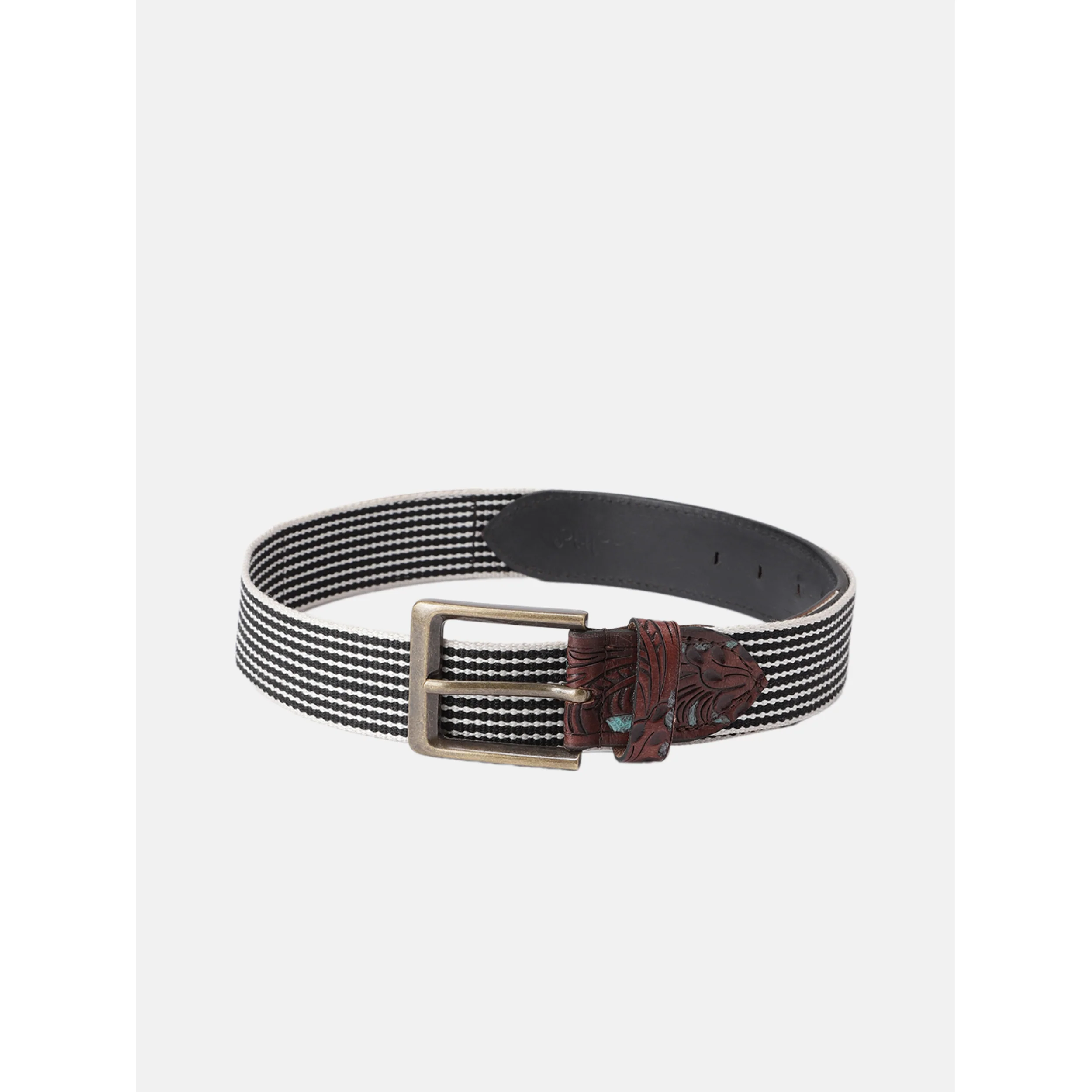 Unisex Genuine Leather Floral Embossed Brown Teal Elastic Waist Accessory Antique Buckle - Image 2