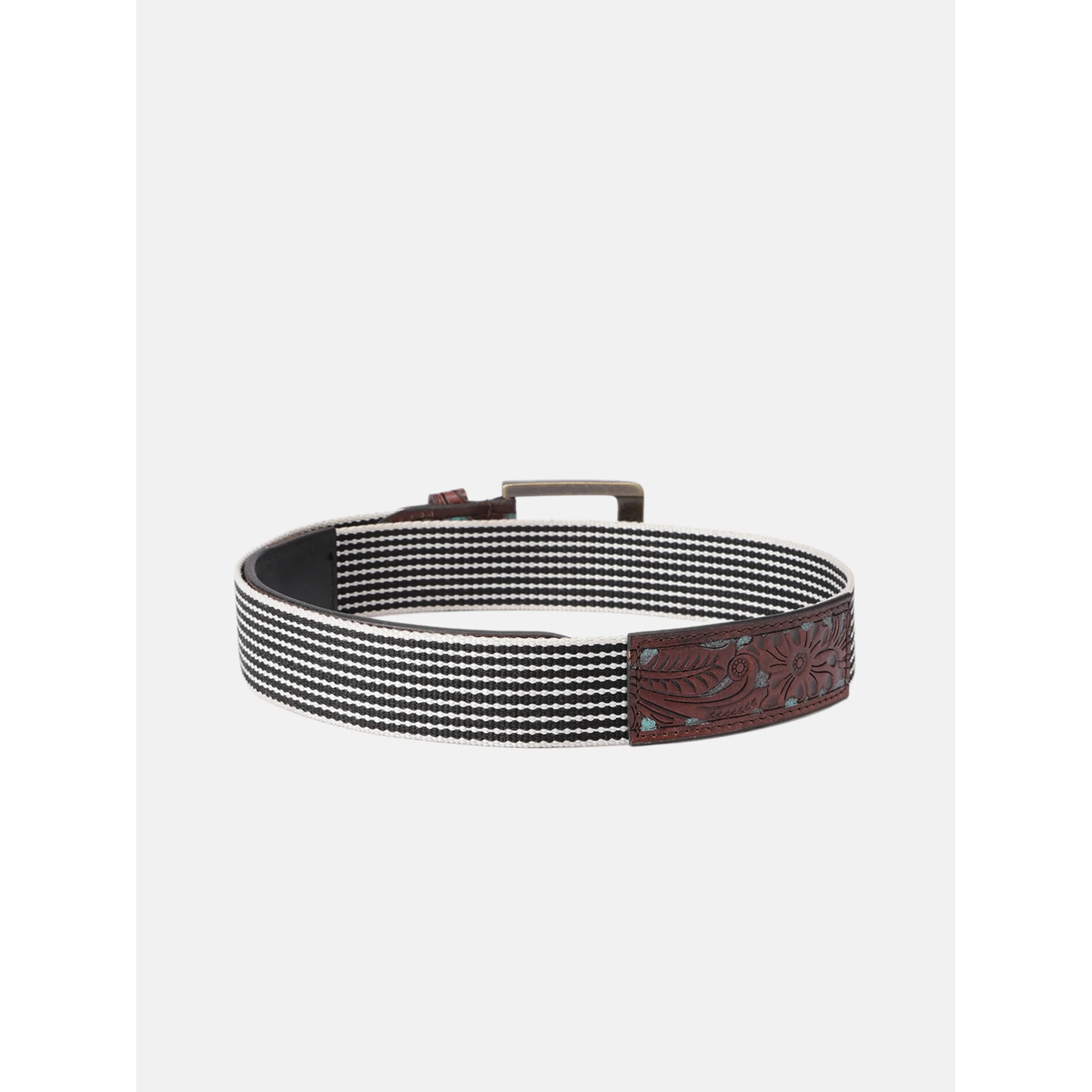 Unisex Genuine Leather Floral Embossed Brown Teal Elastic Waist Accessory Antique Buckle - Image 3