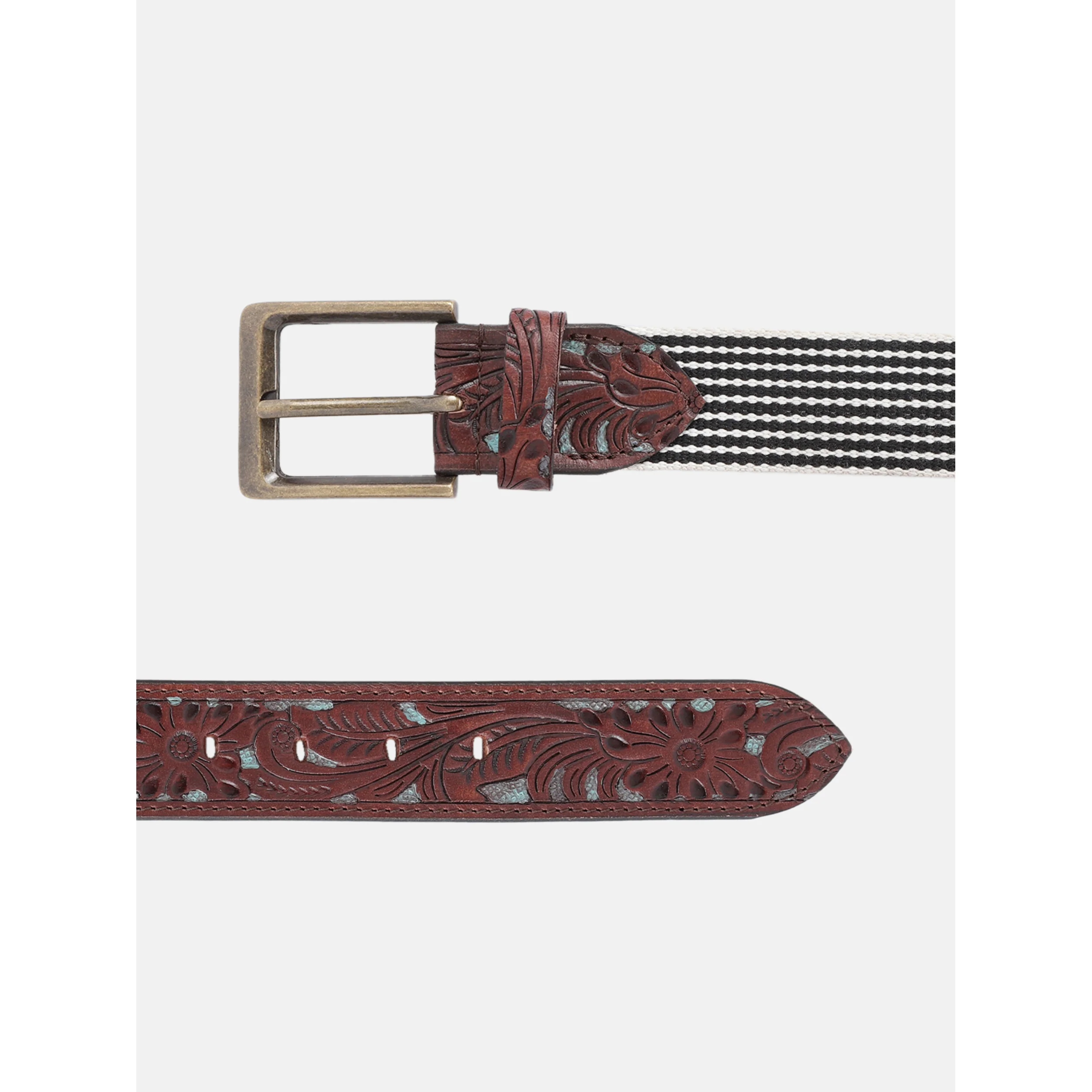 Unisex Genuine Leather Floral Embossed Brown Teal Elastic Waist Accessory Antique Buckle - Image 4