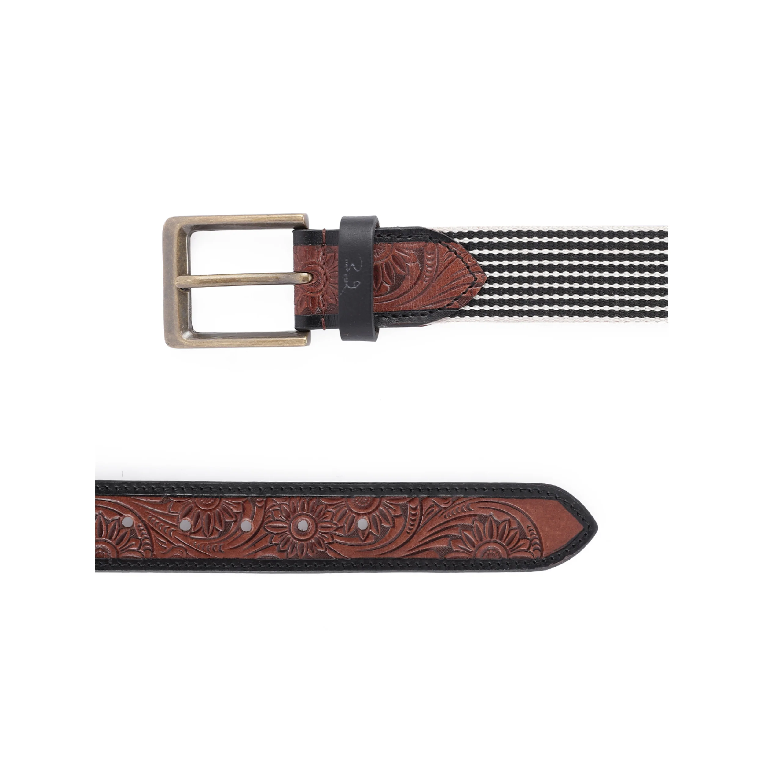 Genuine Leather Floral Embossed Brown Elastic Waist Accessory Antique Buckle - Image 4