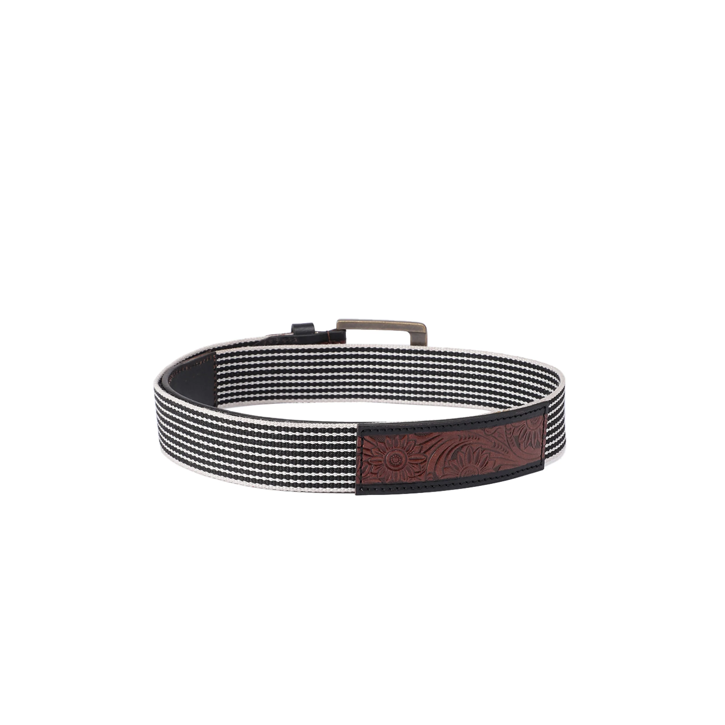 Genuine Leather Floral Embossed Brown Elastic Waist Accessory Antique Buckle - Image 5