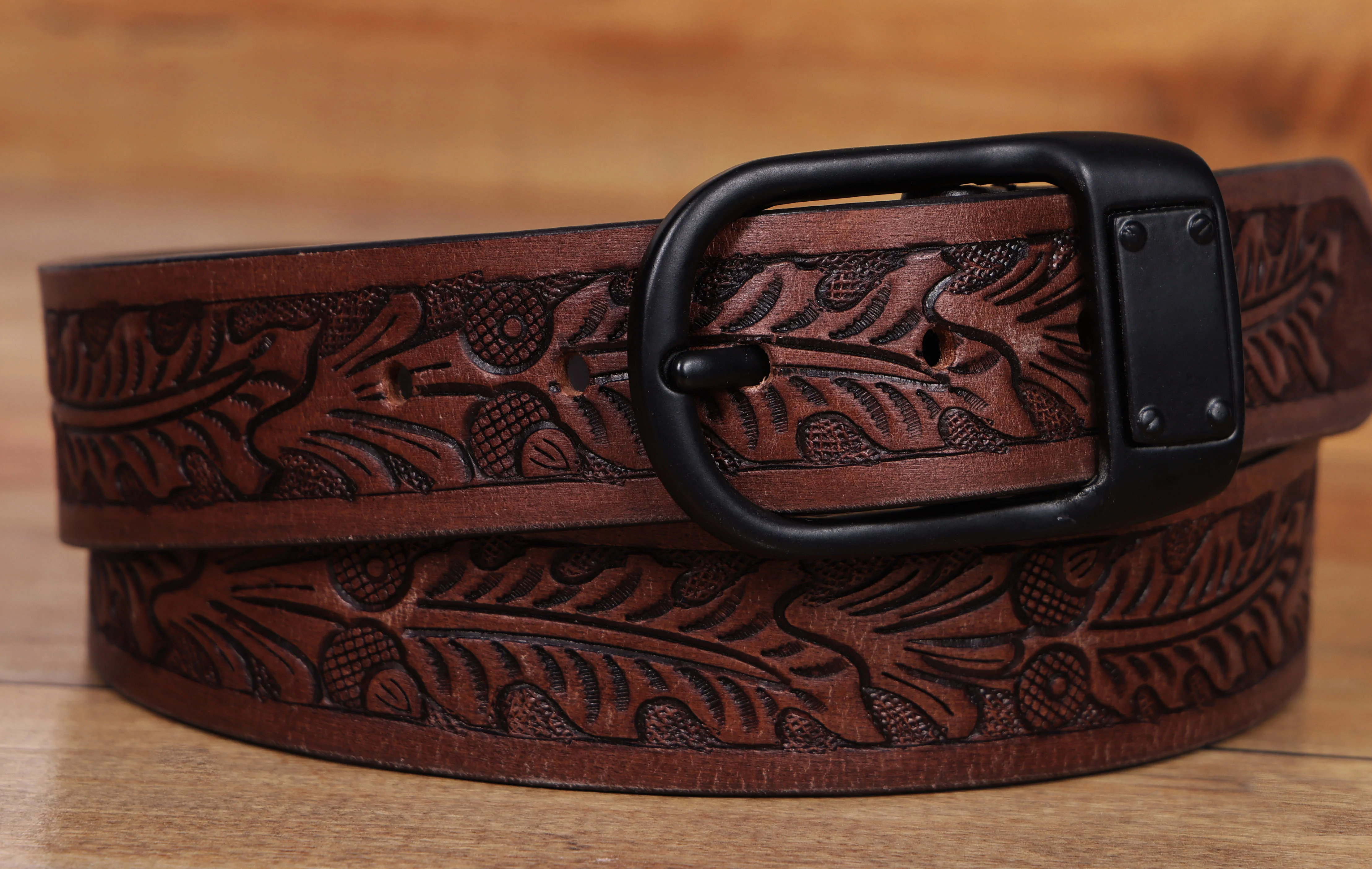 Premium Genuine Leather Embossed Brown Western Waist Accessory Matte Black Buckle