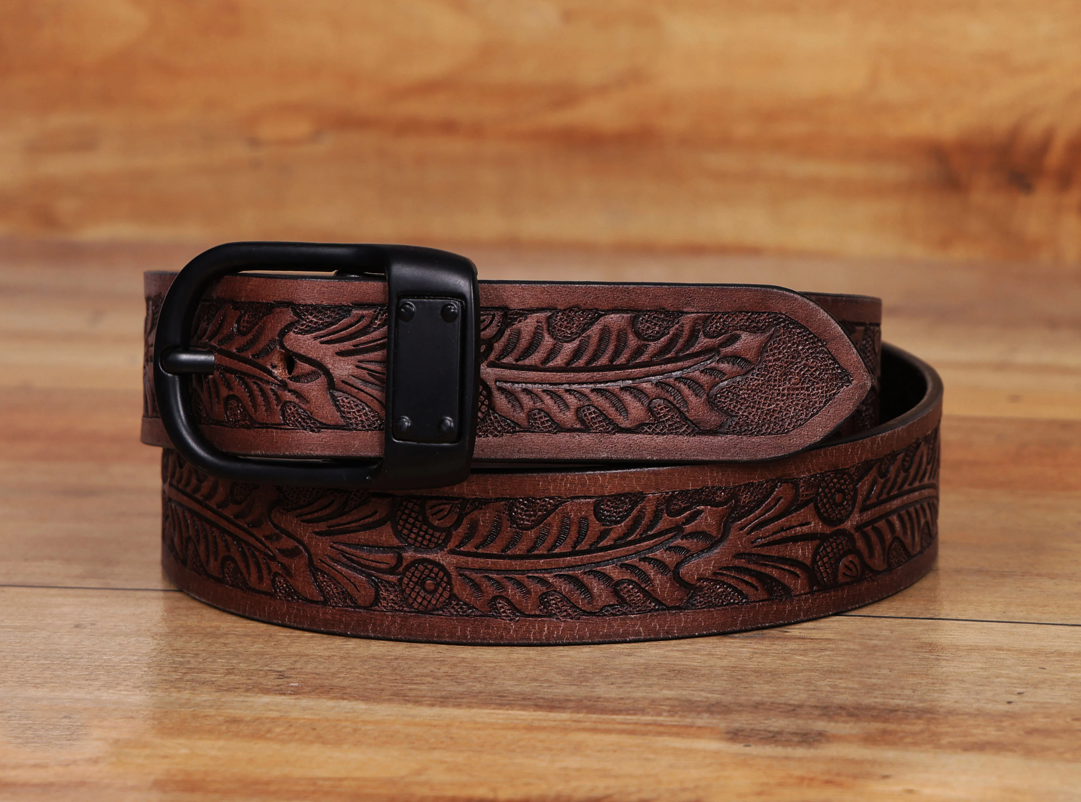 Premium Genuine Leather Embossed Brown Western Waist Accessory Matte Black Buckle - Image 2