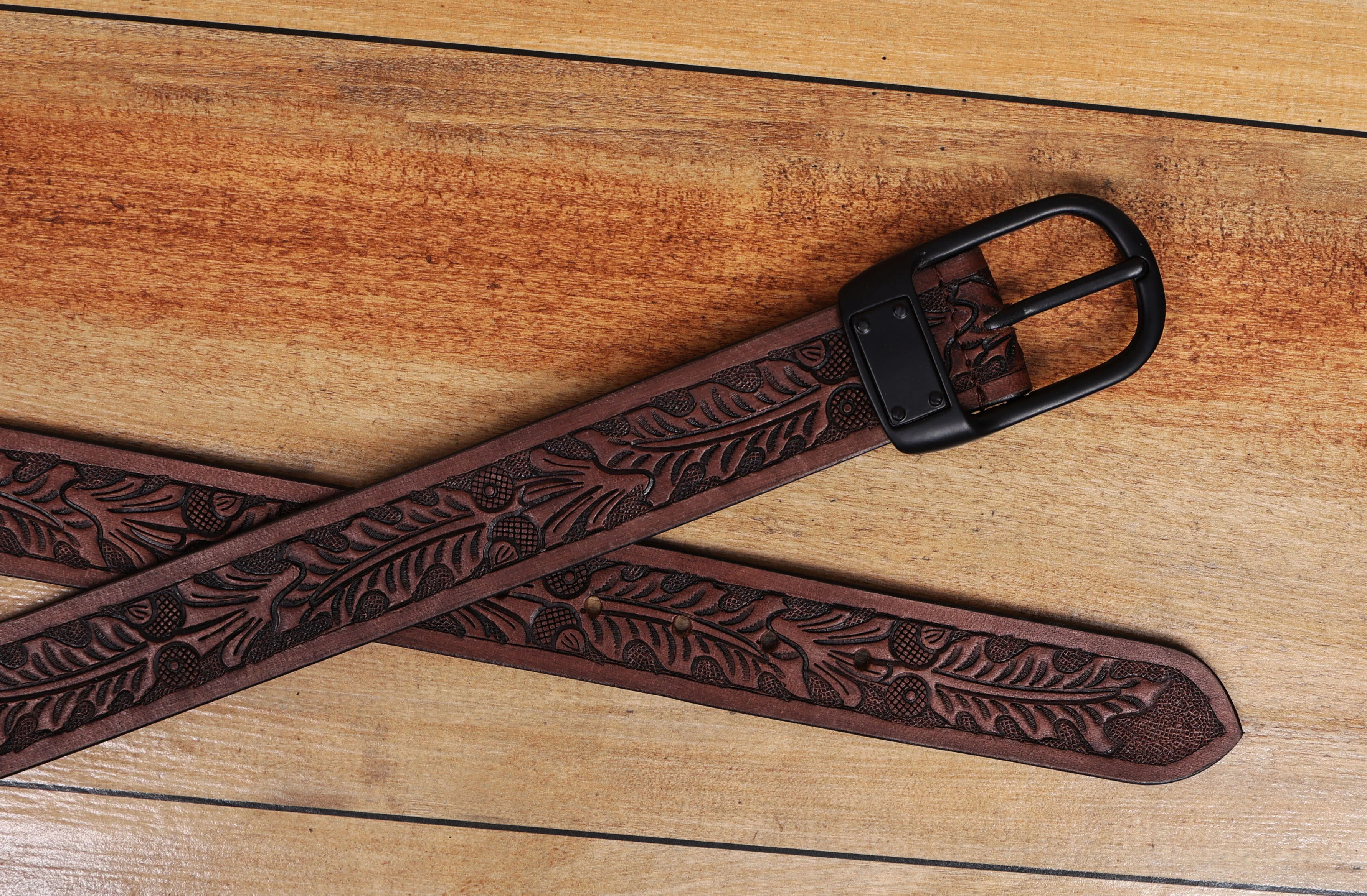 Premium Genuine Leather Embossed Brown Western Waist Accessory Matte Black Buckle - Image 3