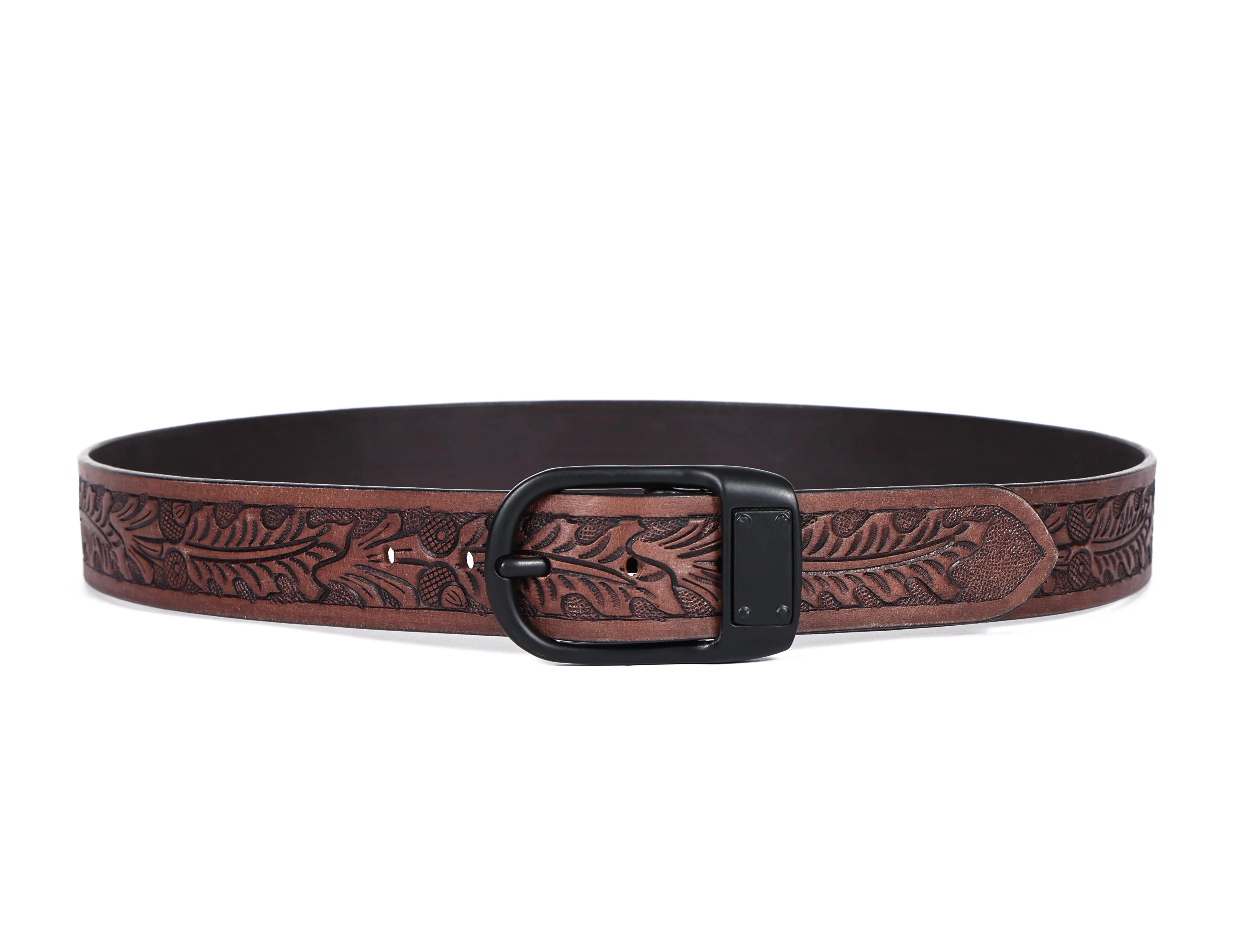 Premium Genuine Leather Embossed Brown Western Waist Accessory Matte Black Buckle - Image 4