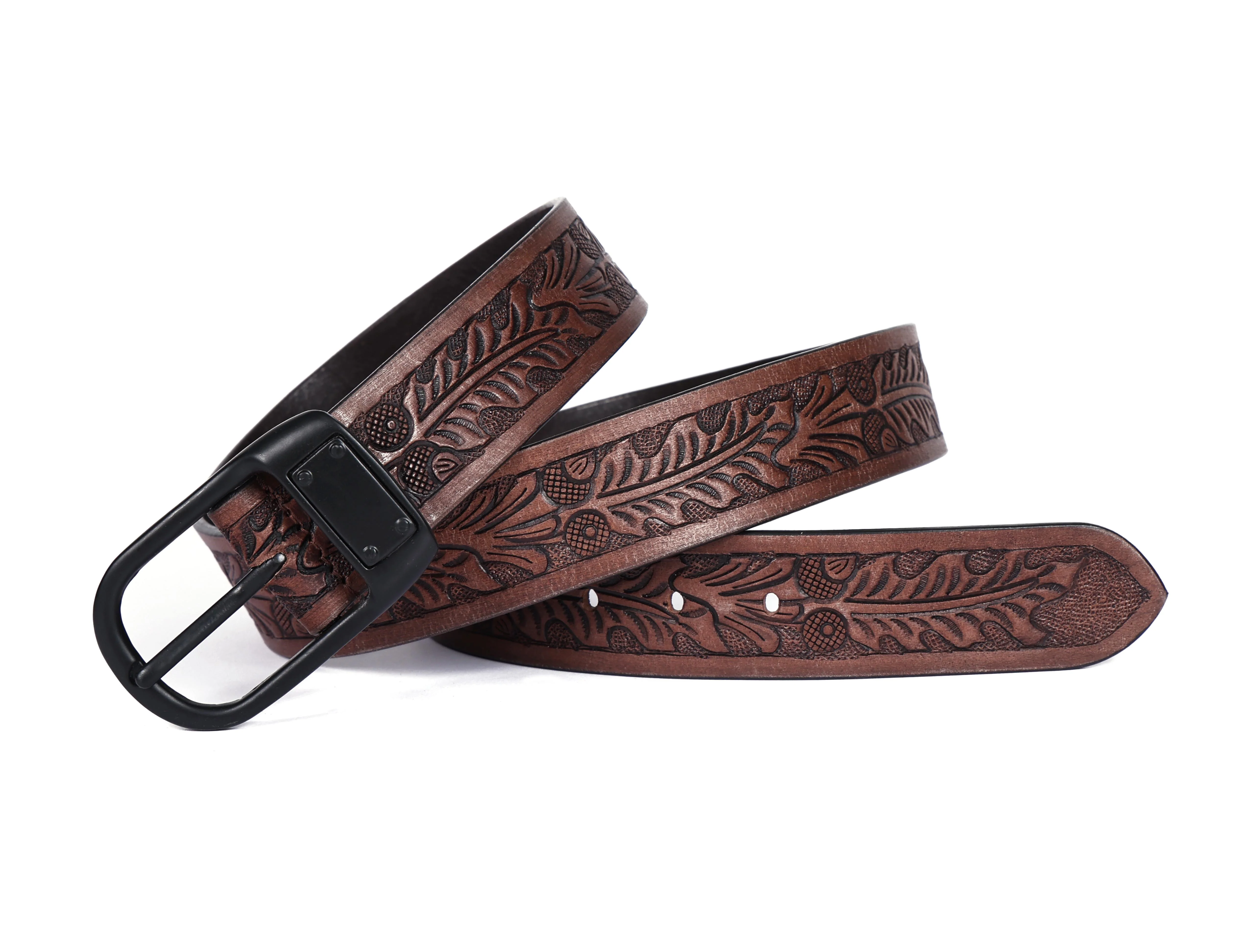 Premium Genuine Leather Embossed Brown Western Waist Accessory Matte Black Buckle - Image 5