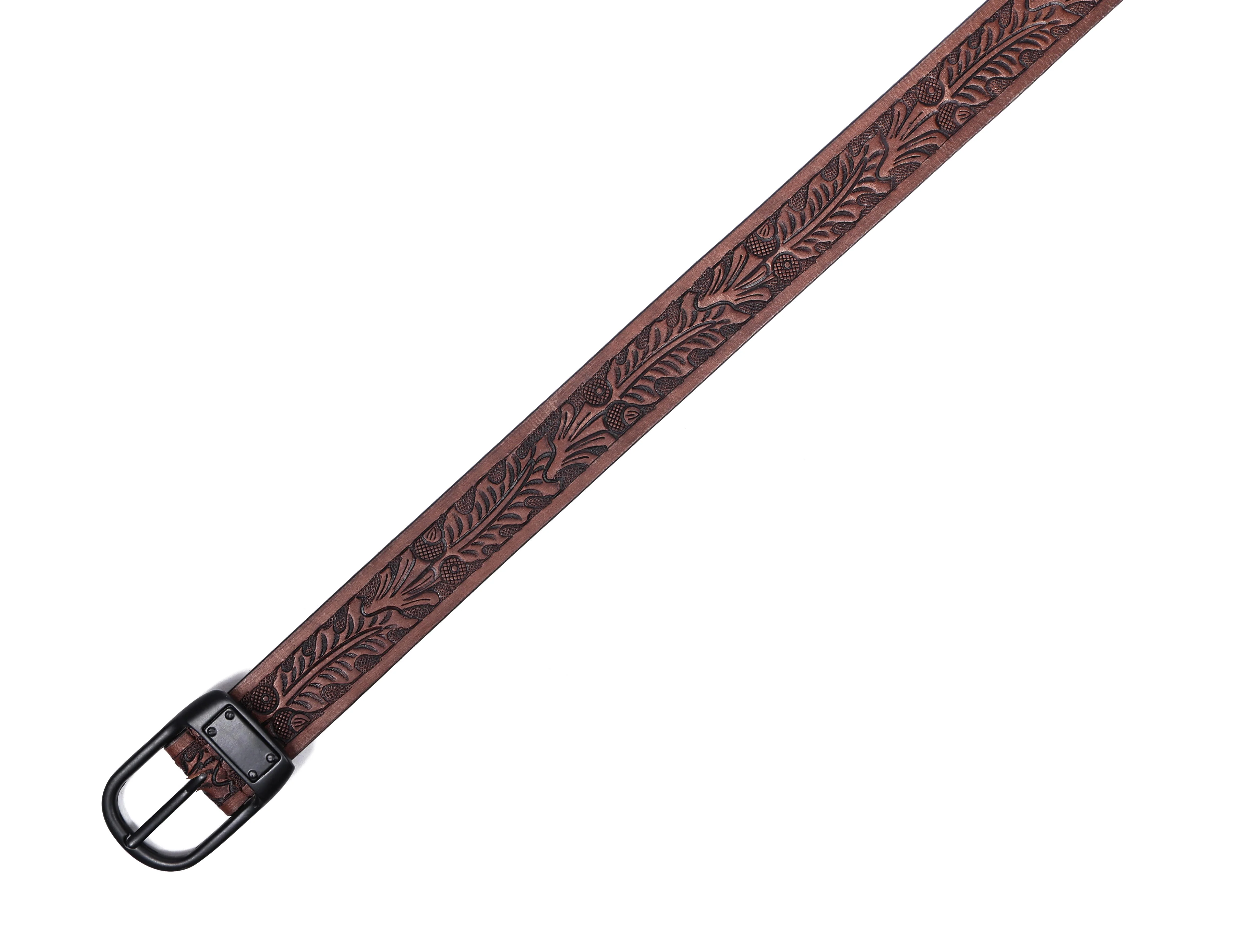 Premium Genuine Leather Embossed Brown Western Waist Accessory Matte Black Buckle - Image 6