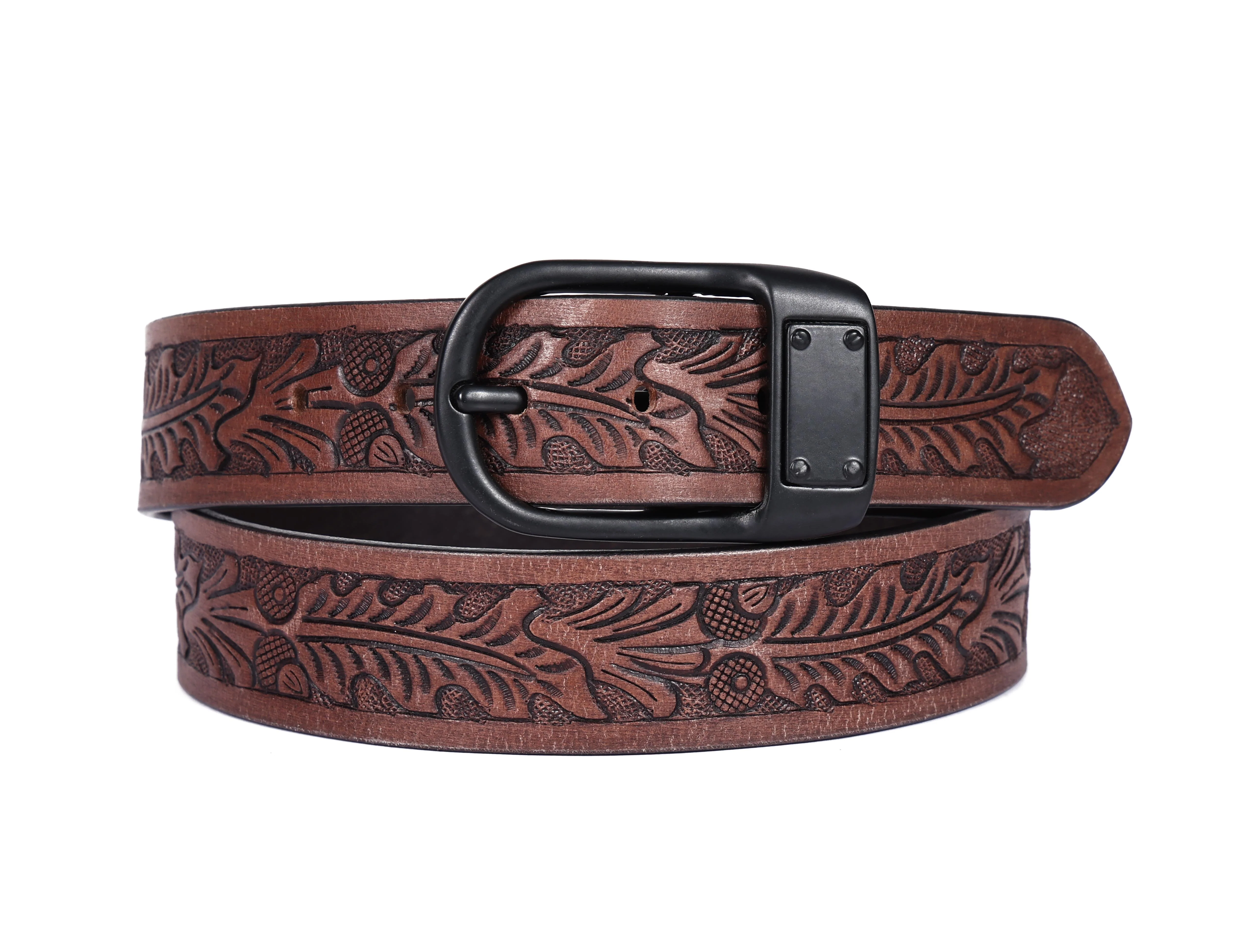 Premium Genuine Leather Embossed Brown Western Waist Accessory Matte Black Buckle - Image 7