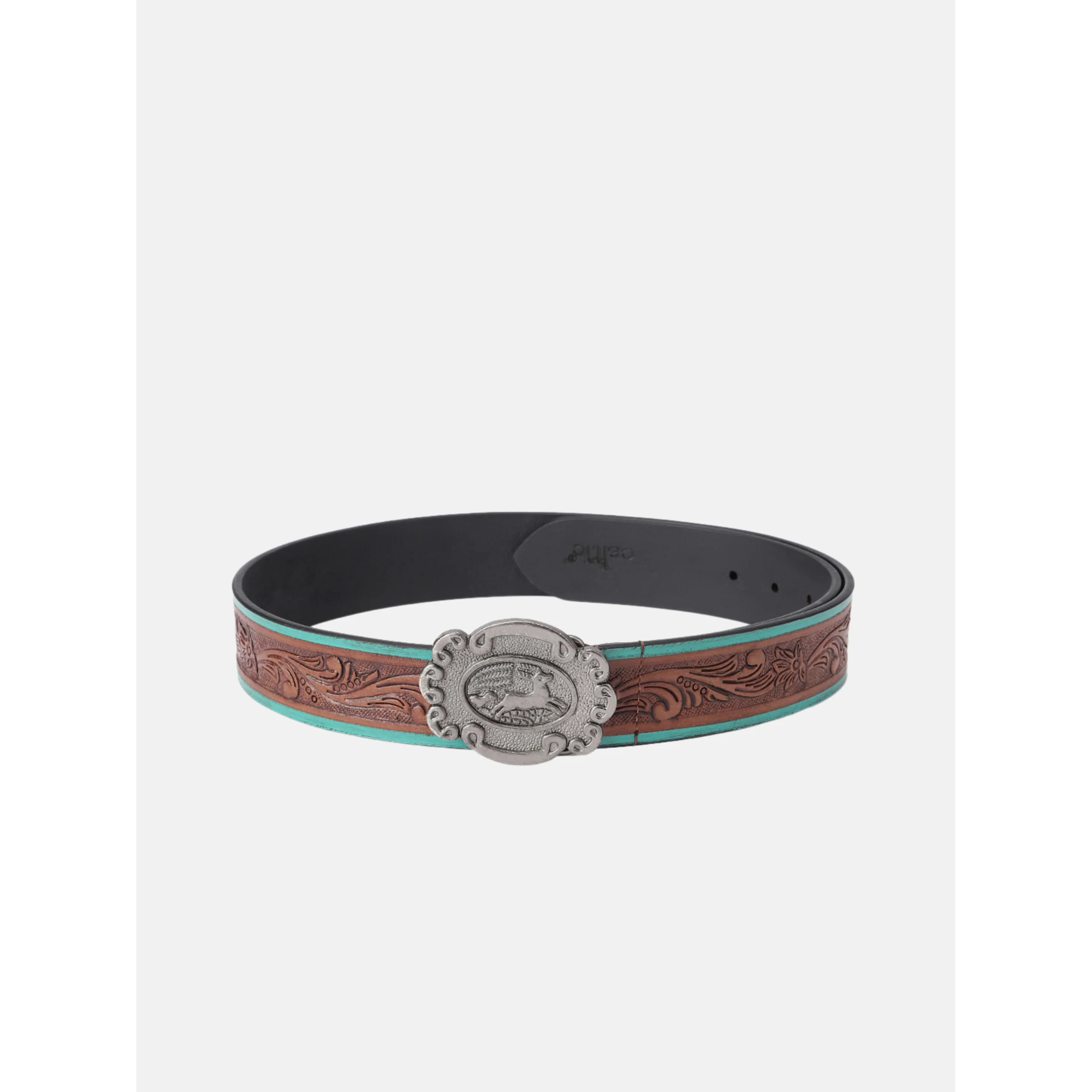 Premium Genuine Leather Embossed Floral Brown Teal Western Waist Accessory Antique Buckle - Image 2