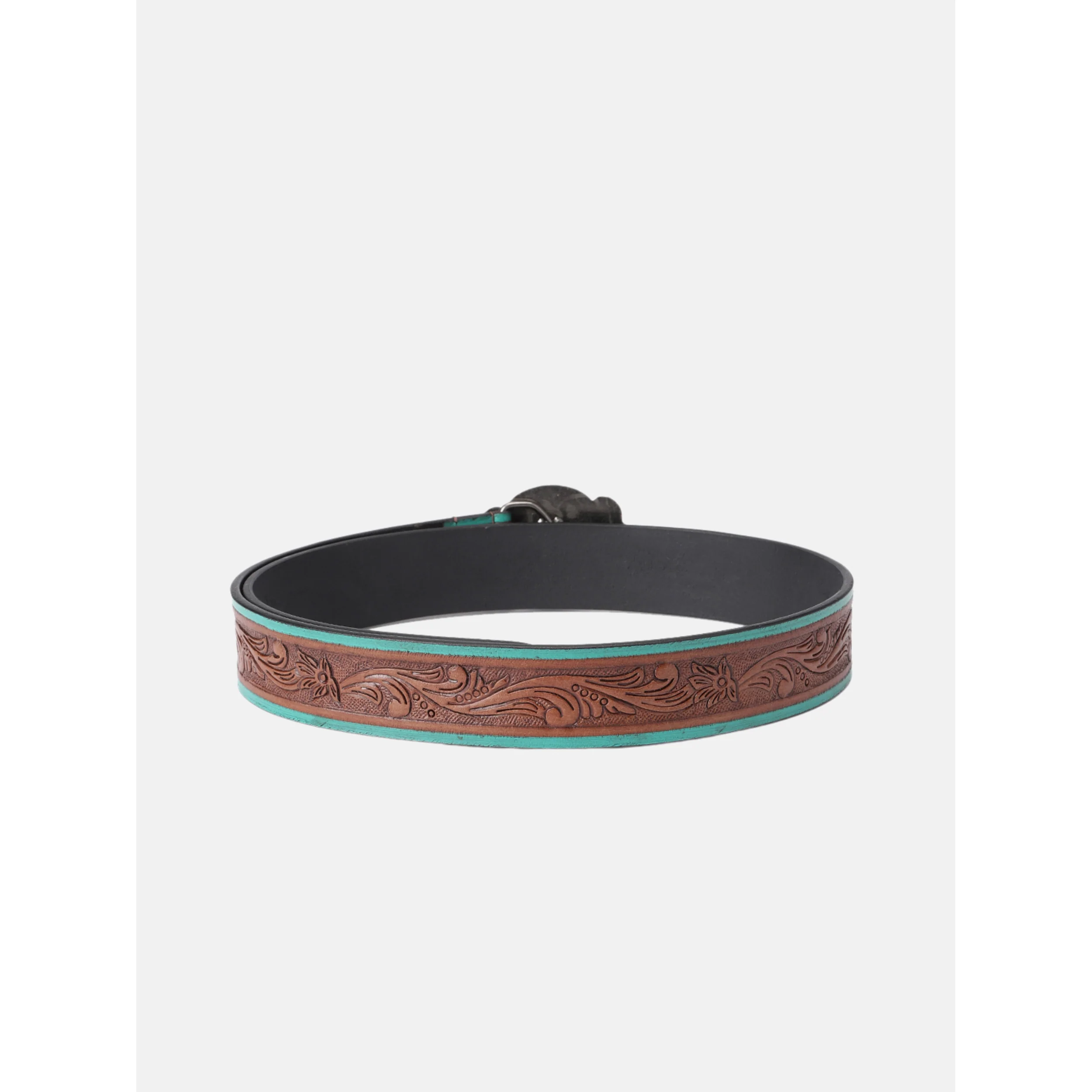 Premium Genuine Leather Embossed Floral Brown Teal Western Waist Accessory Antique Buckle - Image 3