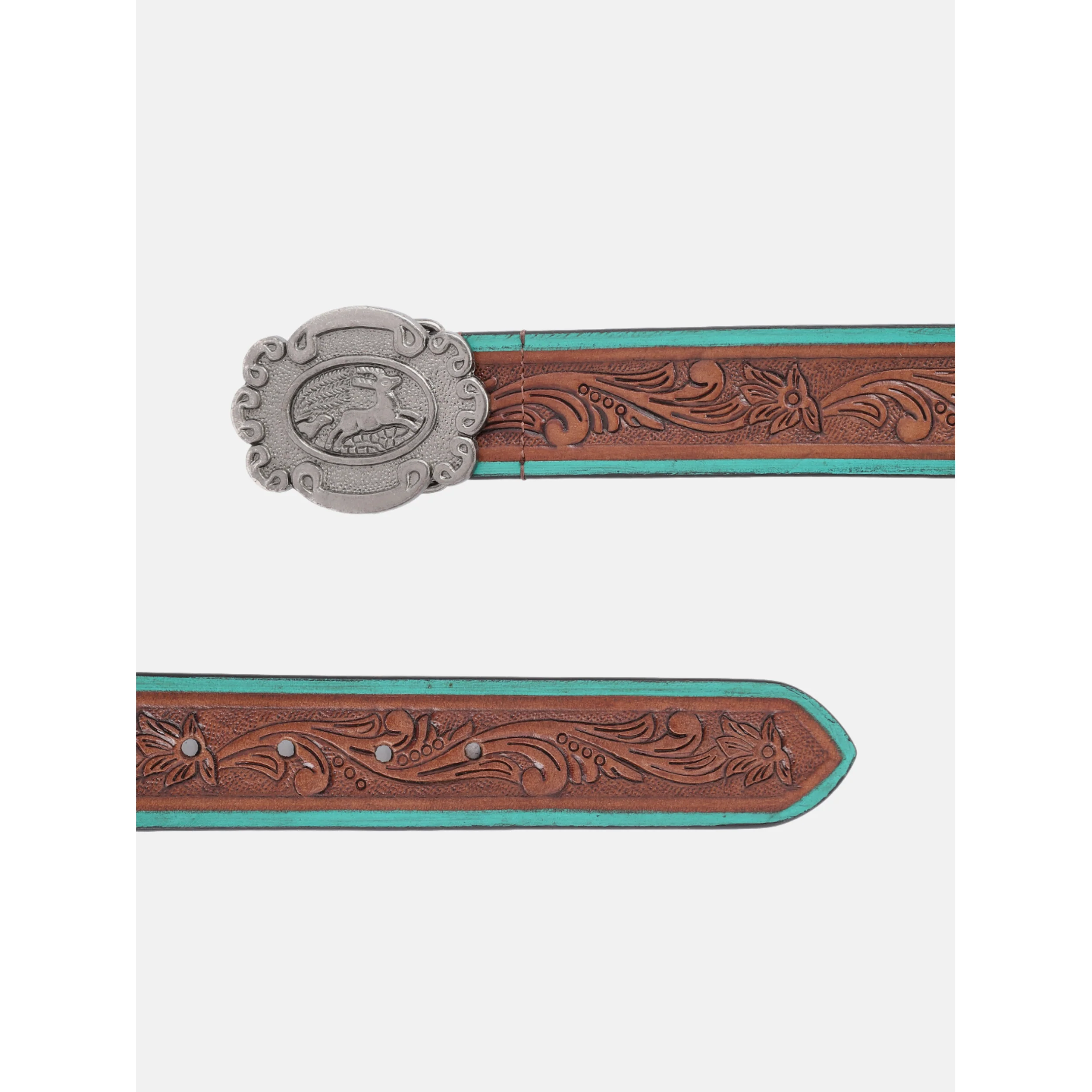 Premium Genuine Leather Embossed Floral Brown Teal Western Waist Accessory Antique Buckle - Image 4