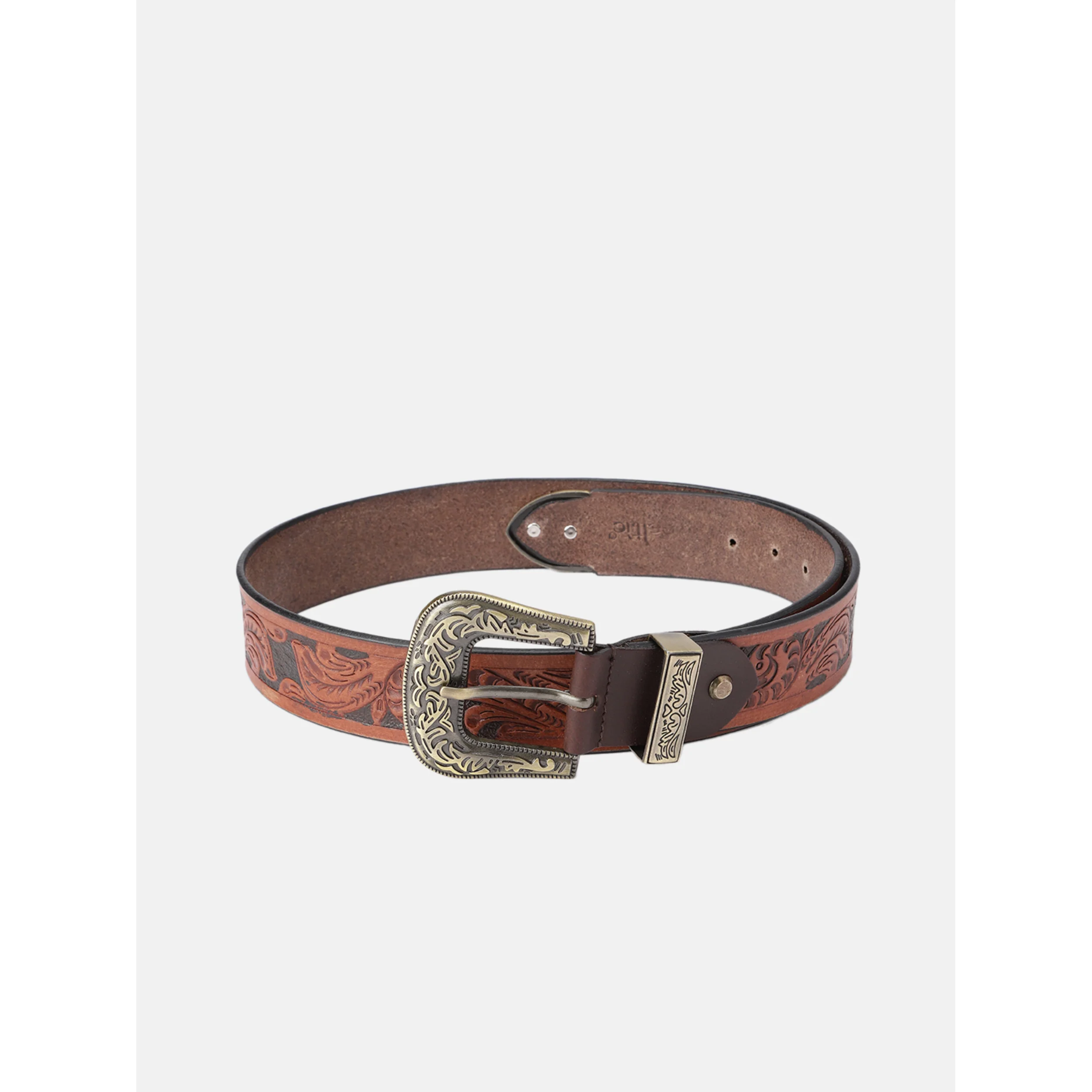 Men Genuine Leather Embossed Brown Western Waist Accessory Ornate Buckle Tip - Image 2