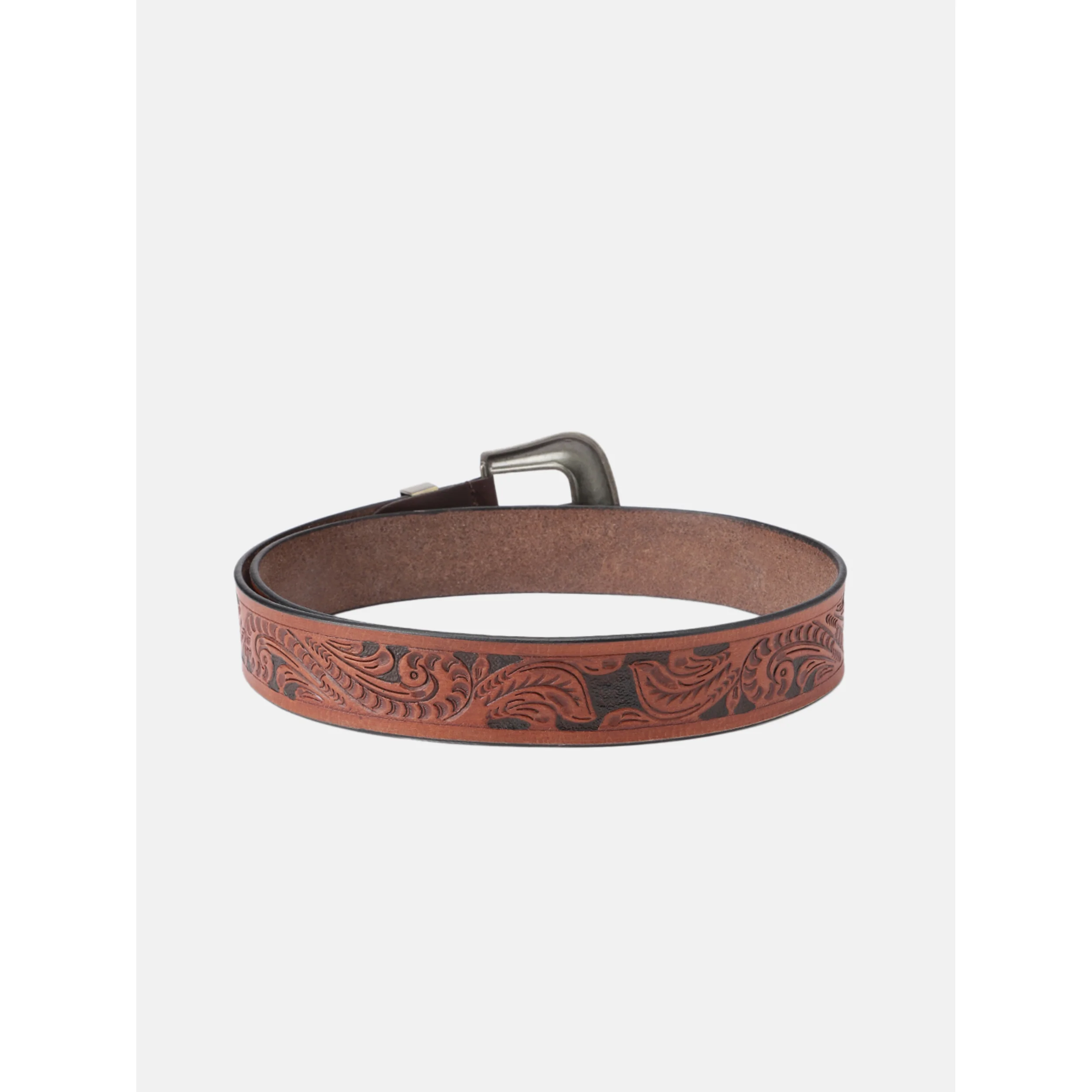 Men Genuine Leather Embossed Brown Western Waist Accessory Ornate Buckle Tip - Image 3