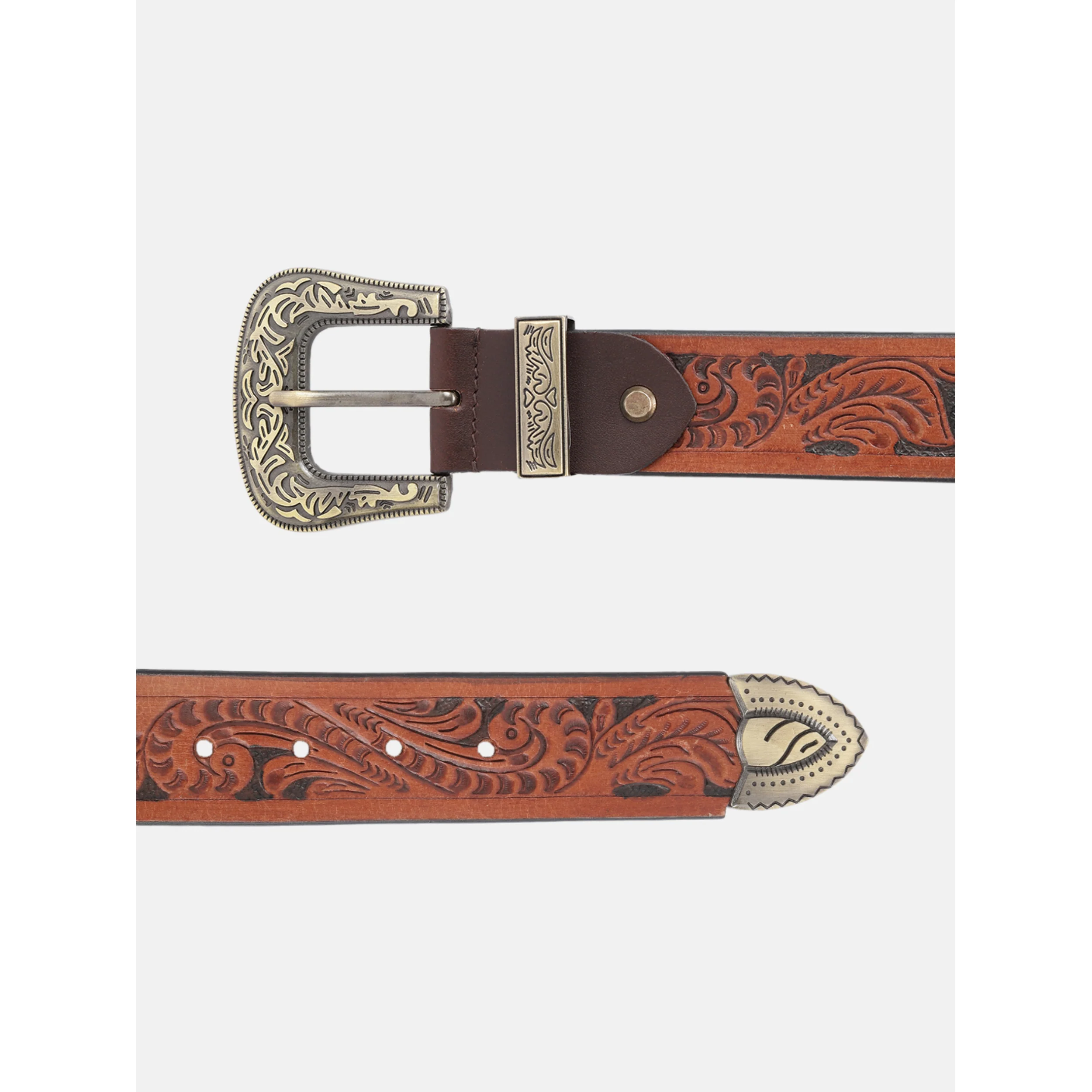 Men Genuine Leather Embossed Brown Western Waist Accessory Ornate Buckle Tip - Image 4