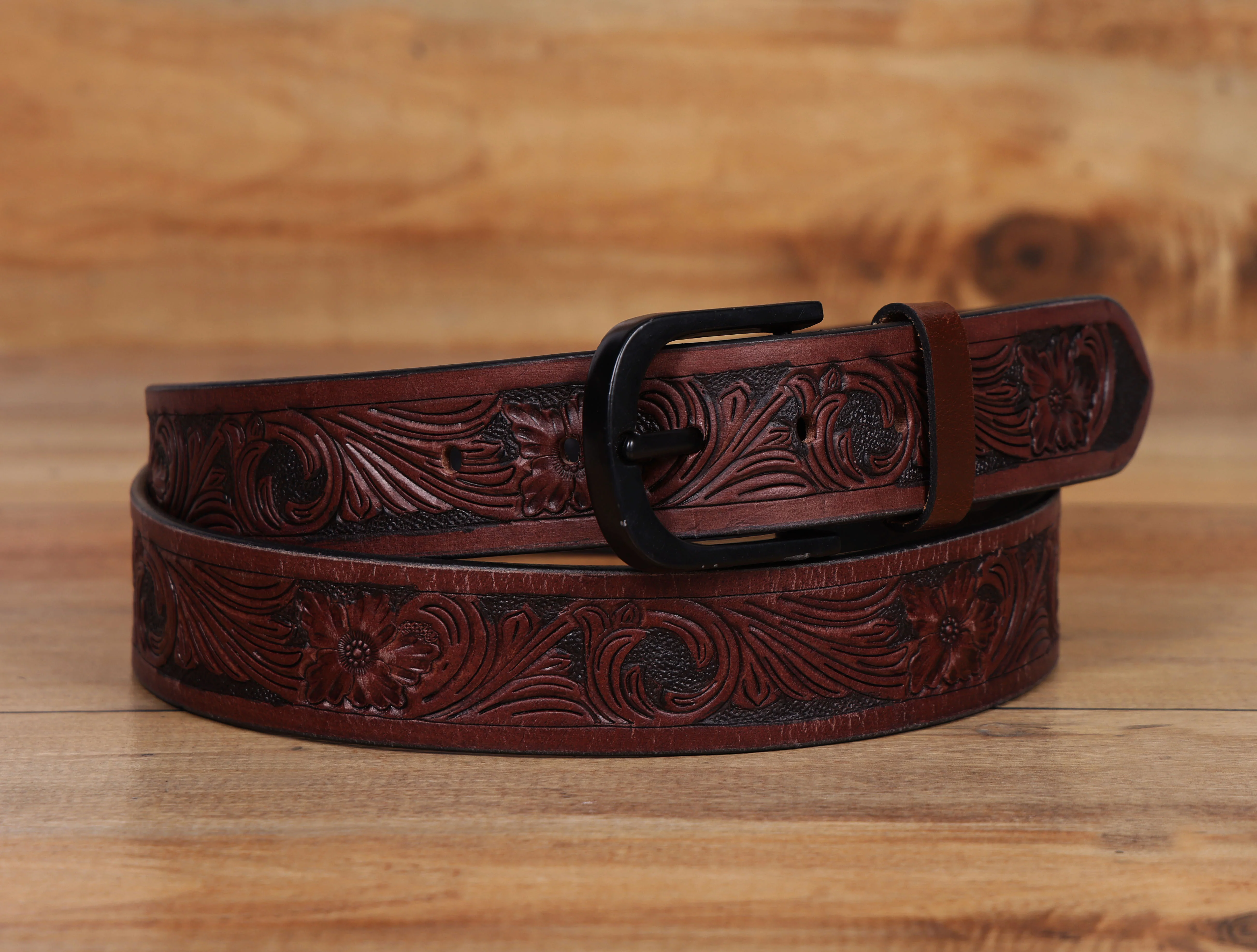 Men Genuine Leather Embossed Floral Brown Waistwear Matte Black Buckle