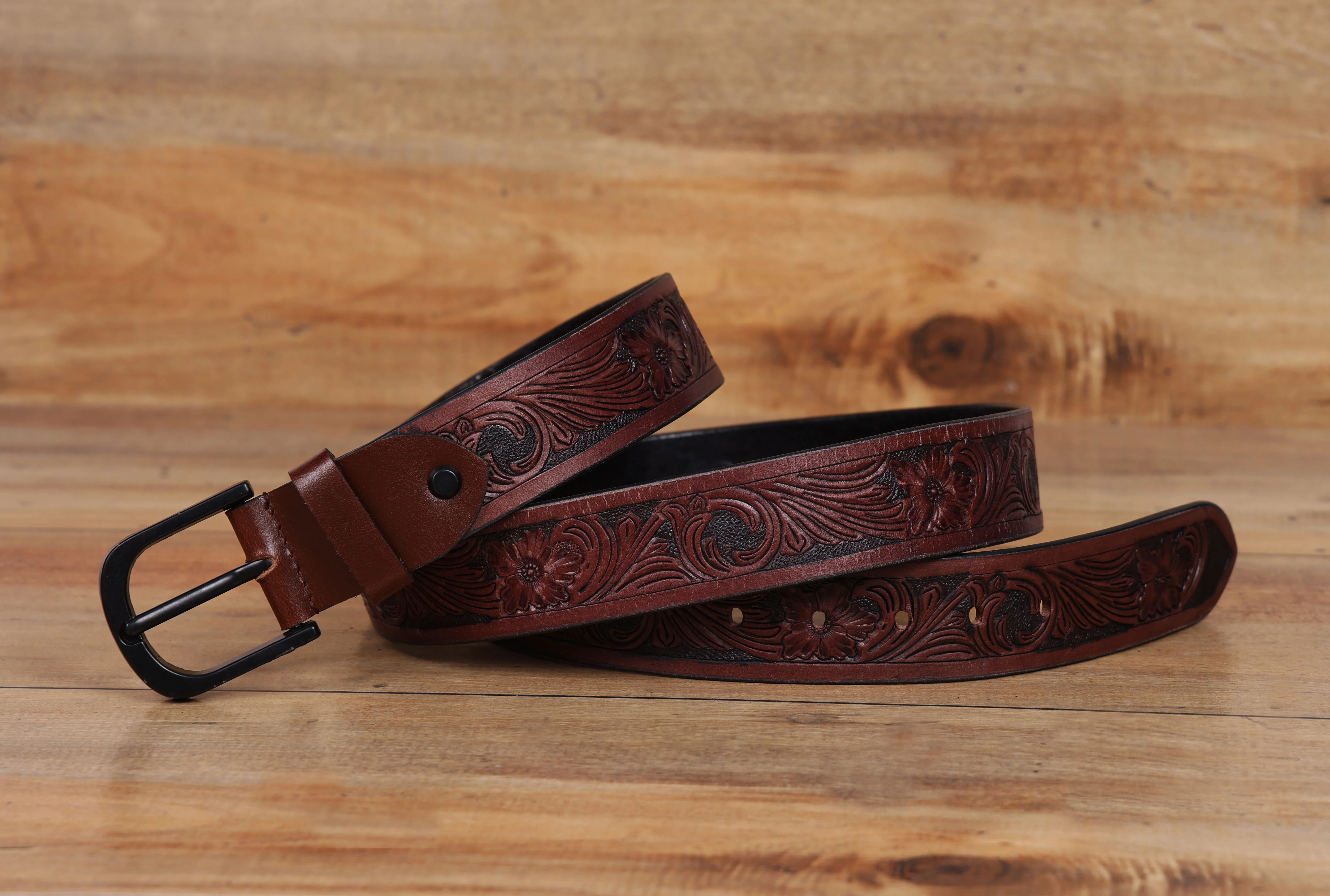 Men Genuine Leather Embossed Floral Brown Waistwear Matte Black Buckle - Image 2