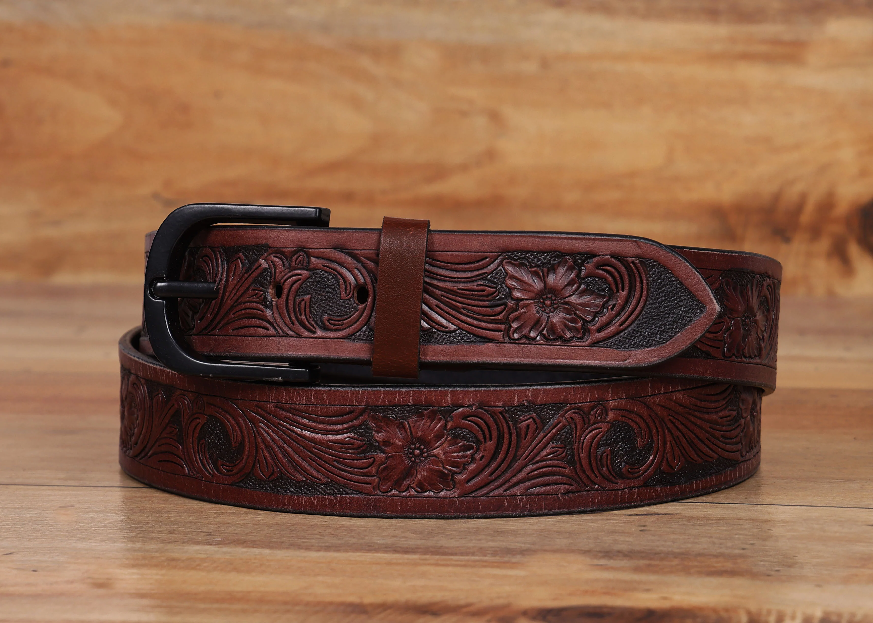 Men Genuine Leather Embossed Floral Brown Waistwear Matte Black Buckle - Image 3