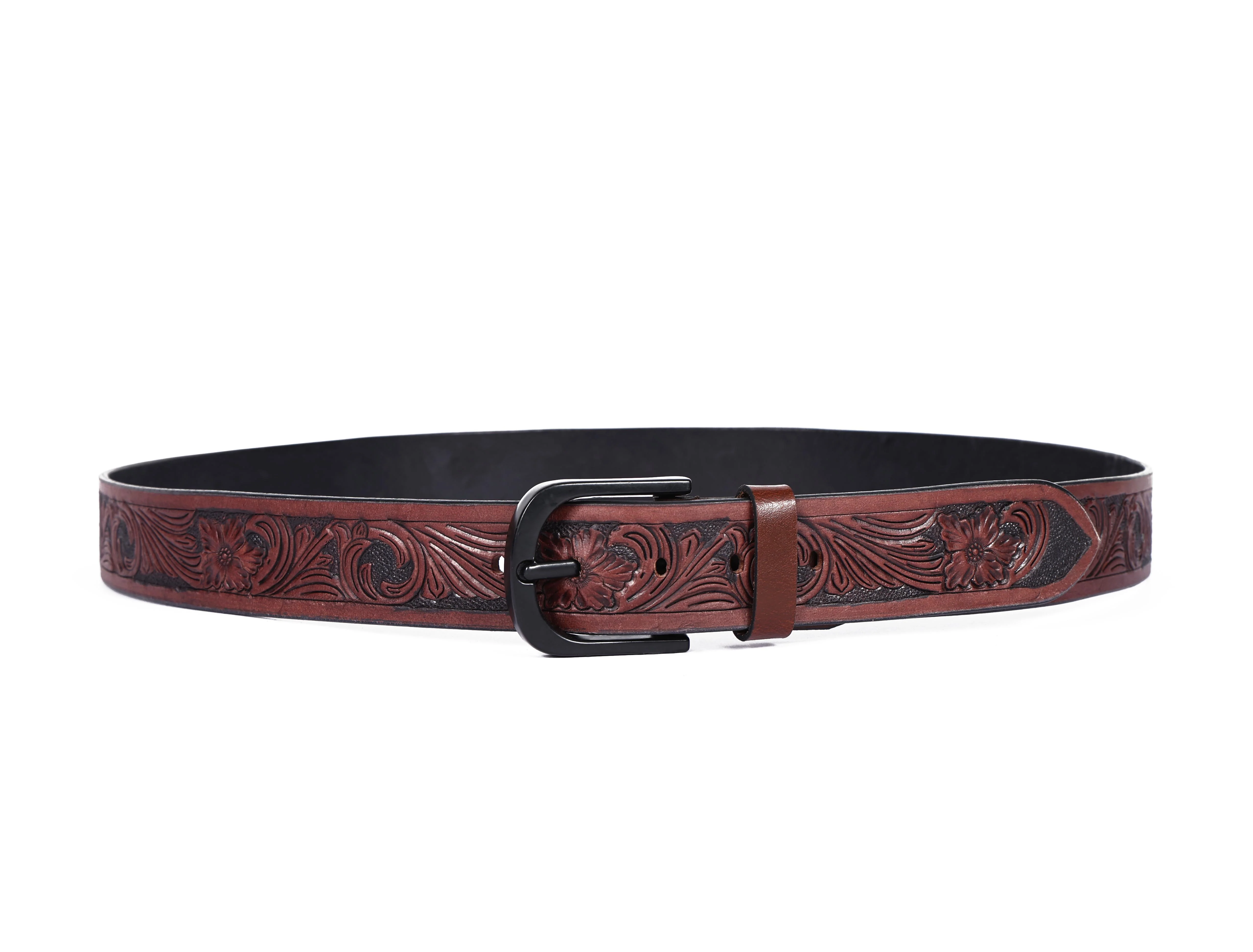 Men Genuine Leather Embossed Floral Brown Waistwear Matte Black Buckle - Image 4
