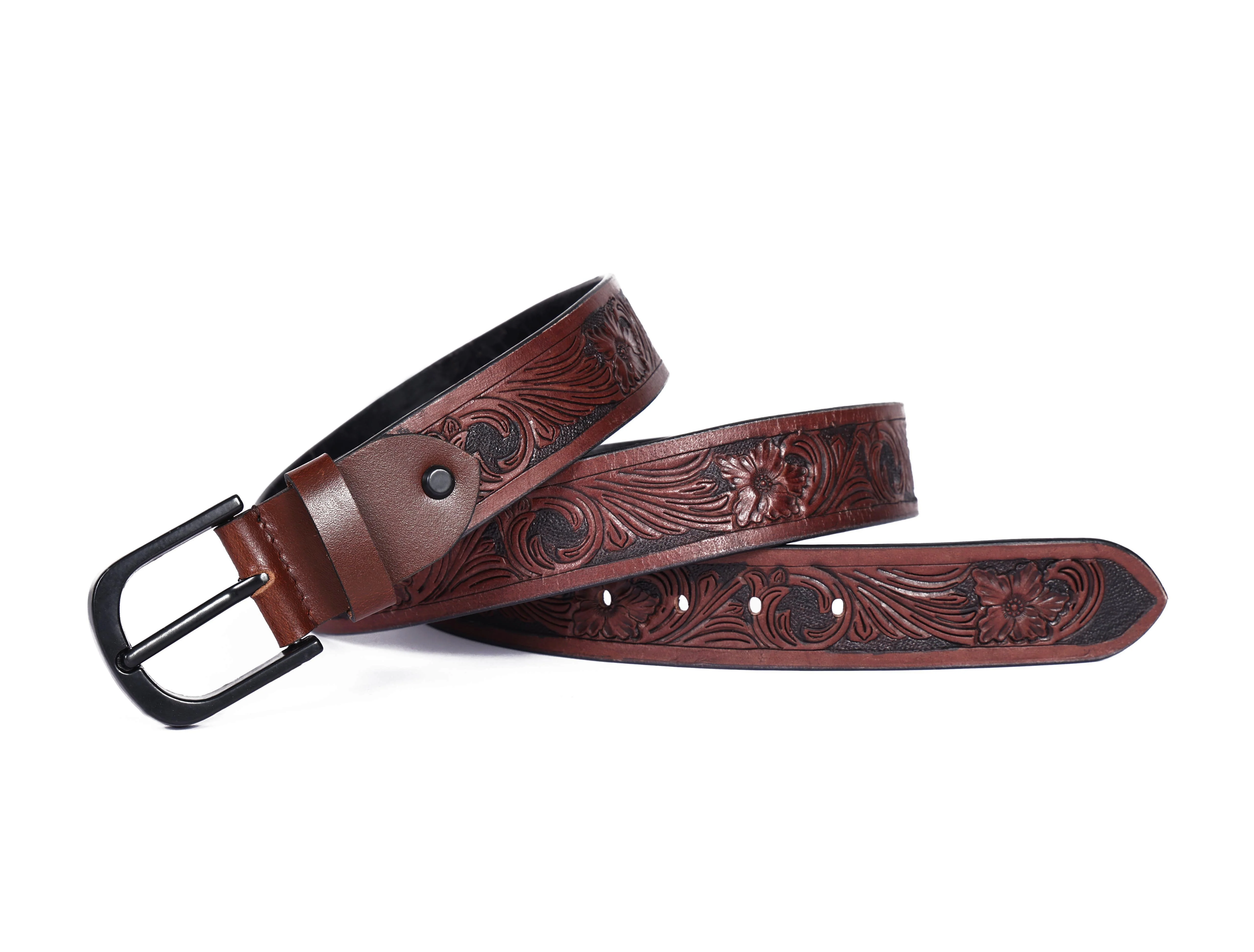 Men Genuine Leather Embossed Floral Brown Waistwear Matte Black Buckle - Image 5