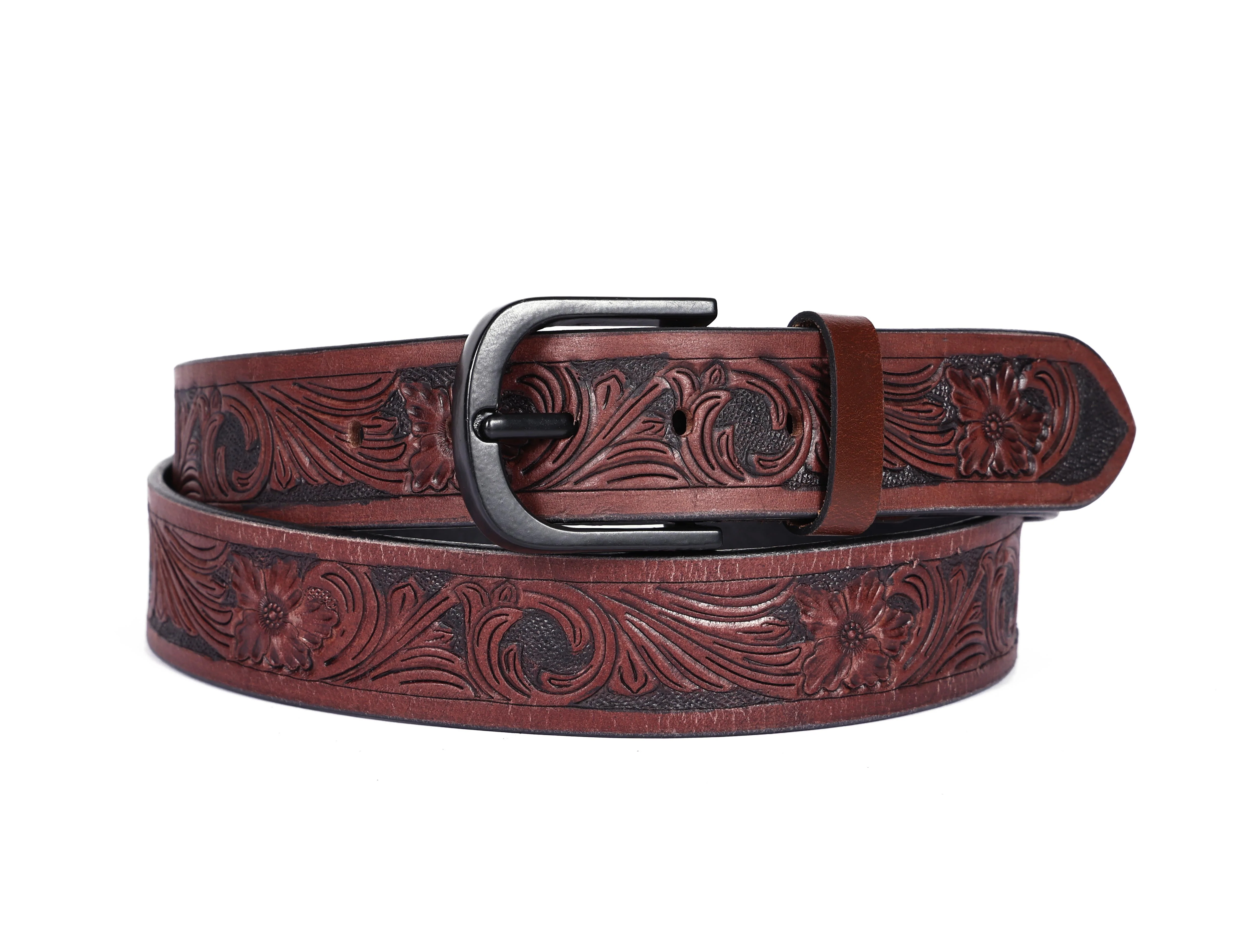 Men Genuine Leather Embossed Floral Brown Waistwear Matte Black Buckle - Image 6