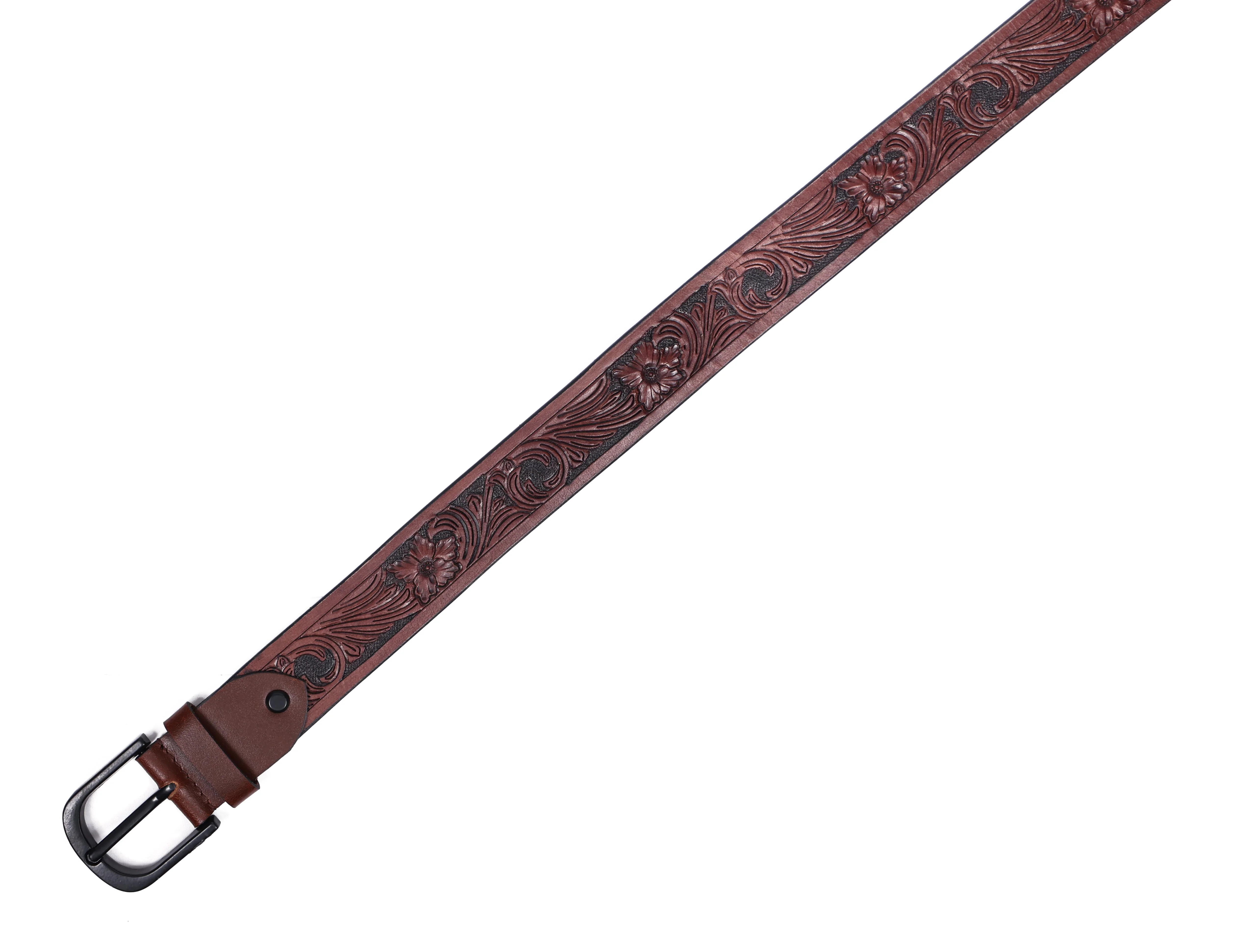 Men Genuine Leather Embossed Floral Brown Waistwear Matte Black Buckle - Image 7