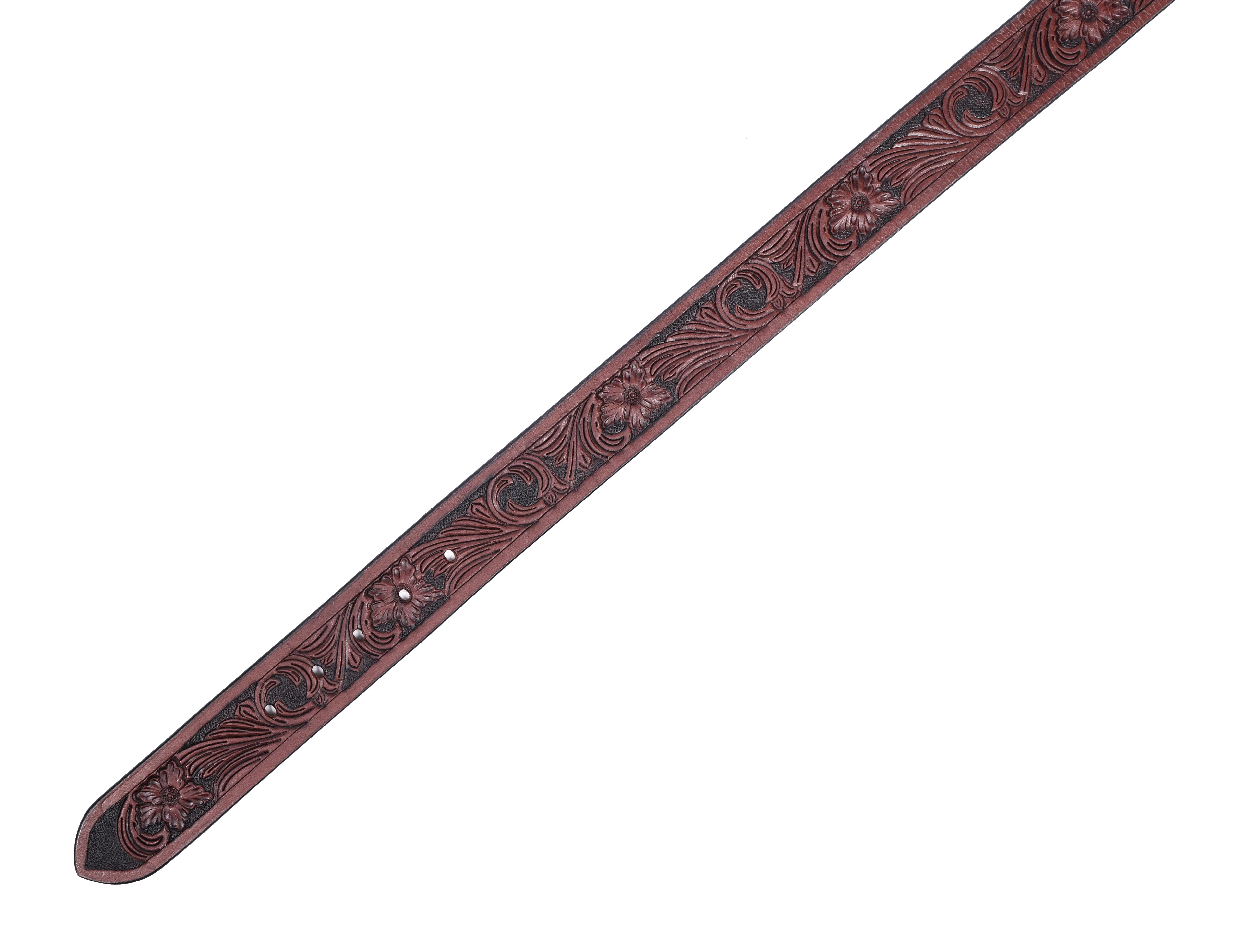 Men Genuine Leather Embossed Floral Brown Waistwear Matte Black Buckle - Image 8