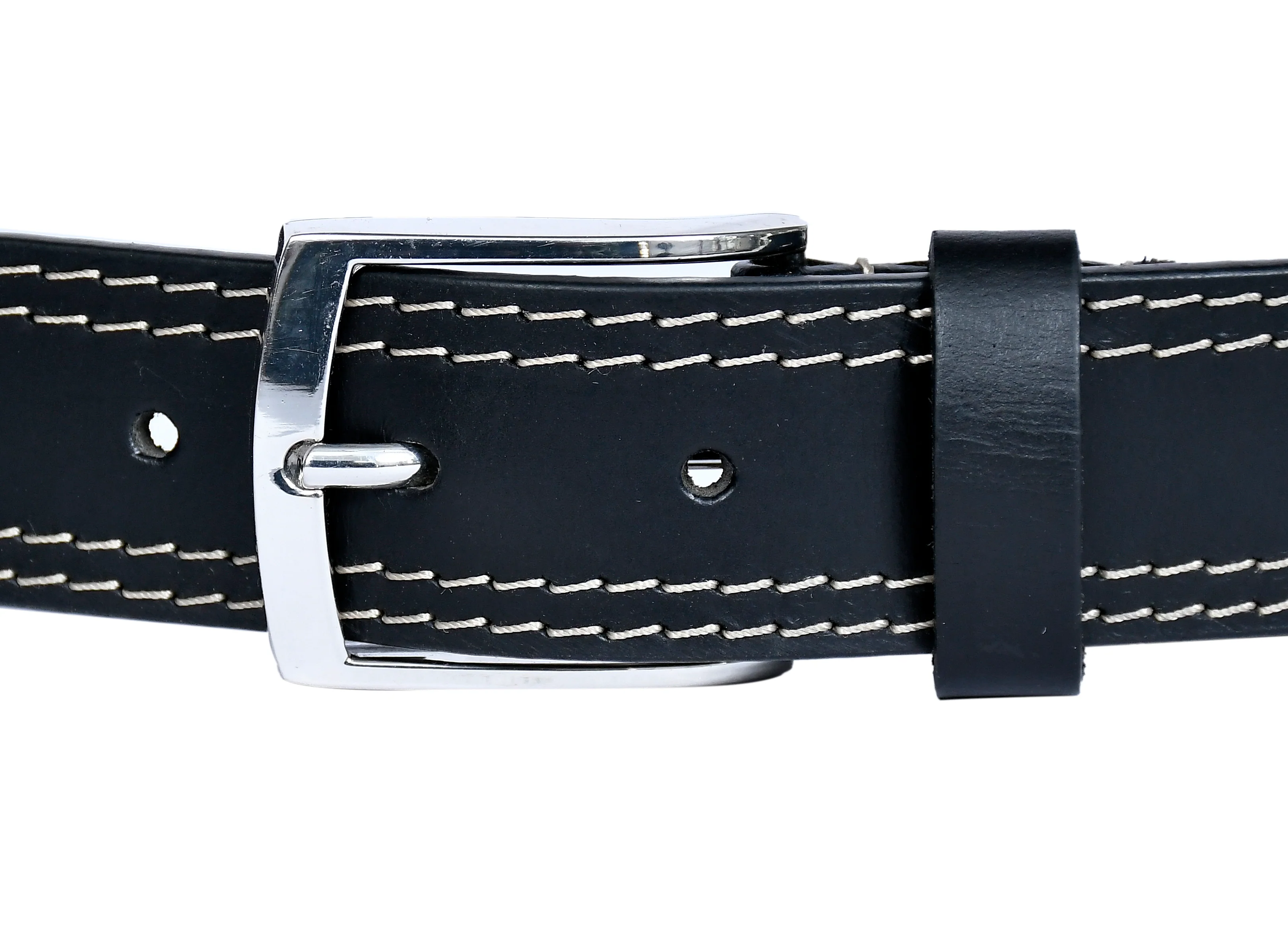 Unisex Genuine Leather Black belt Contrast Stitching Chrome Buckle Casual Formal - Image 3