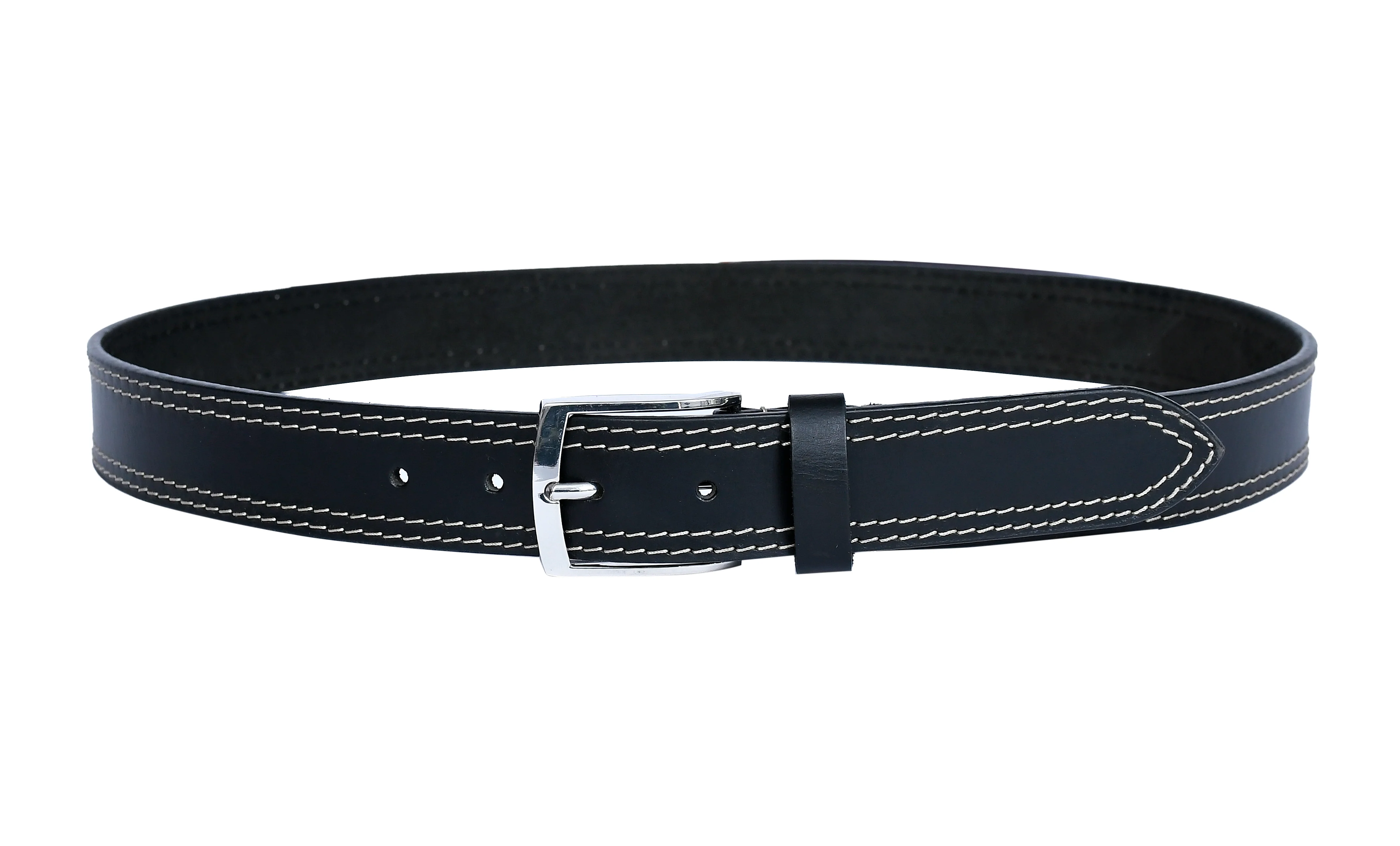 Unisex Genuine Leather Black belt Contrast Stitching Chrome Buckle Casual Formal - Image 4
