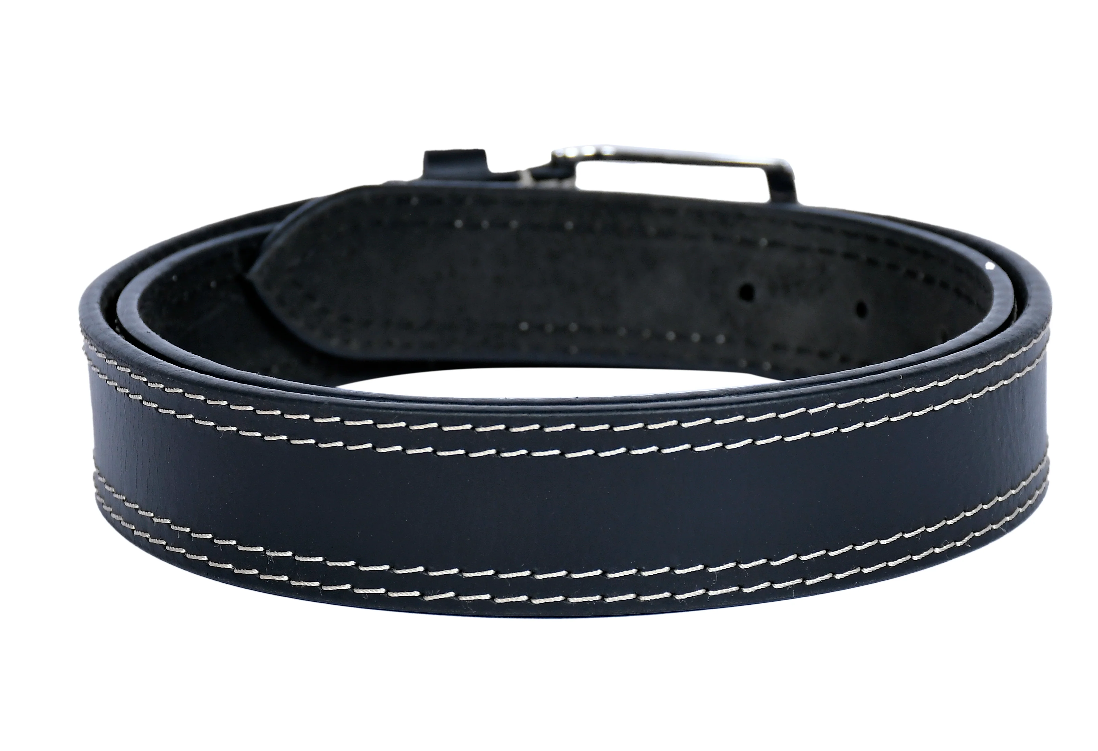 Unisex Genuine Leather Black belt Contrast Stitching Chrome Buckle Casual Formal - Image 5