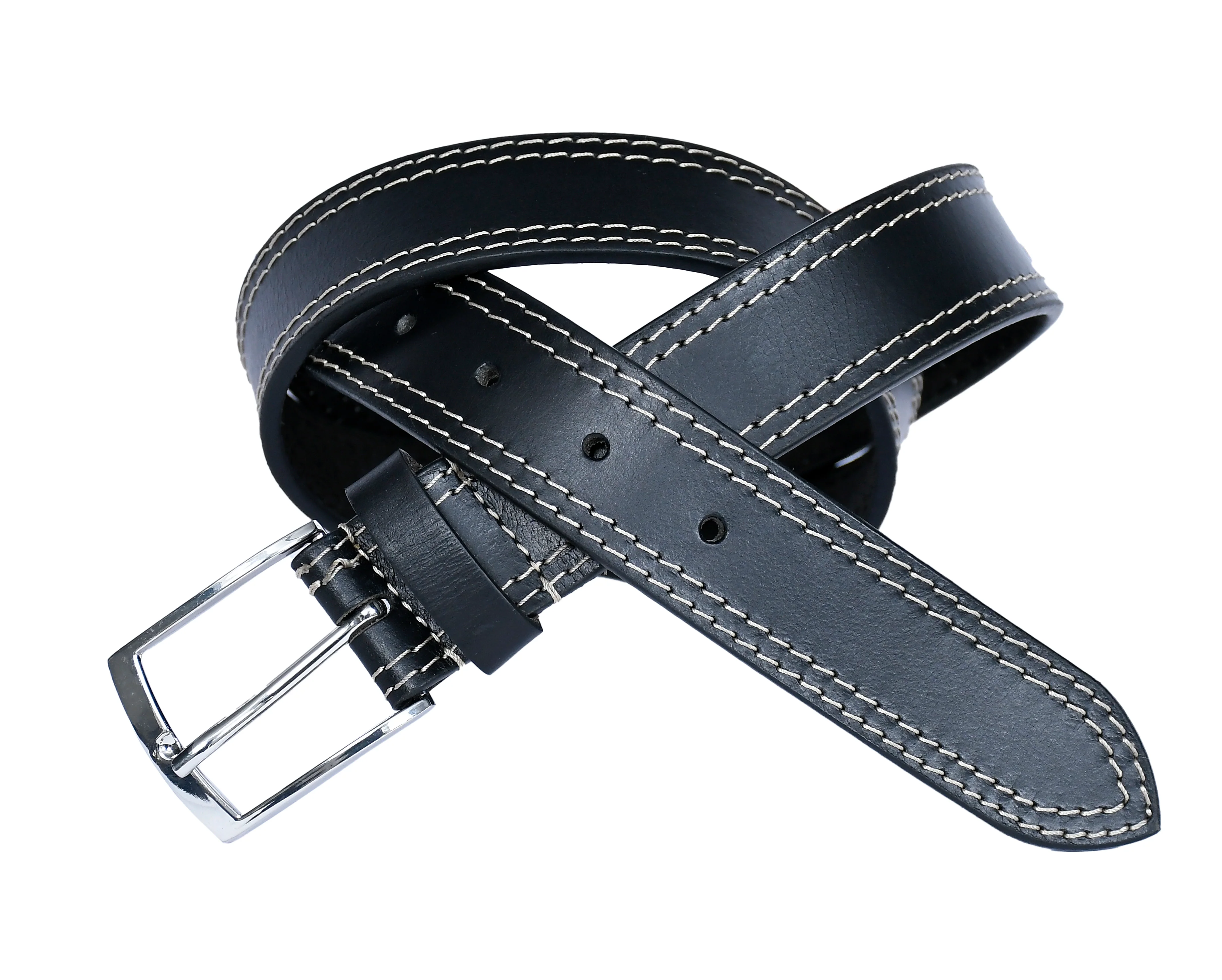 Unisex Genuine Leather Black belt Contrast Stitching Chrome Buckle Casual Formal - Image 6