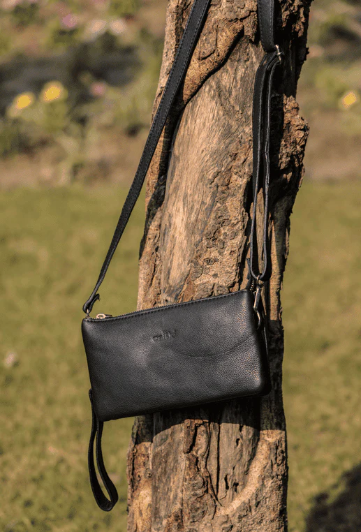 Premium Black Genuine Leather Sling Clutch with Dual Zip Compartments & Adjustable Strap