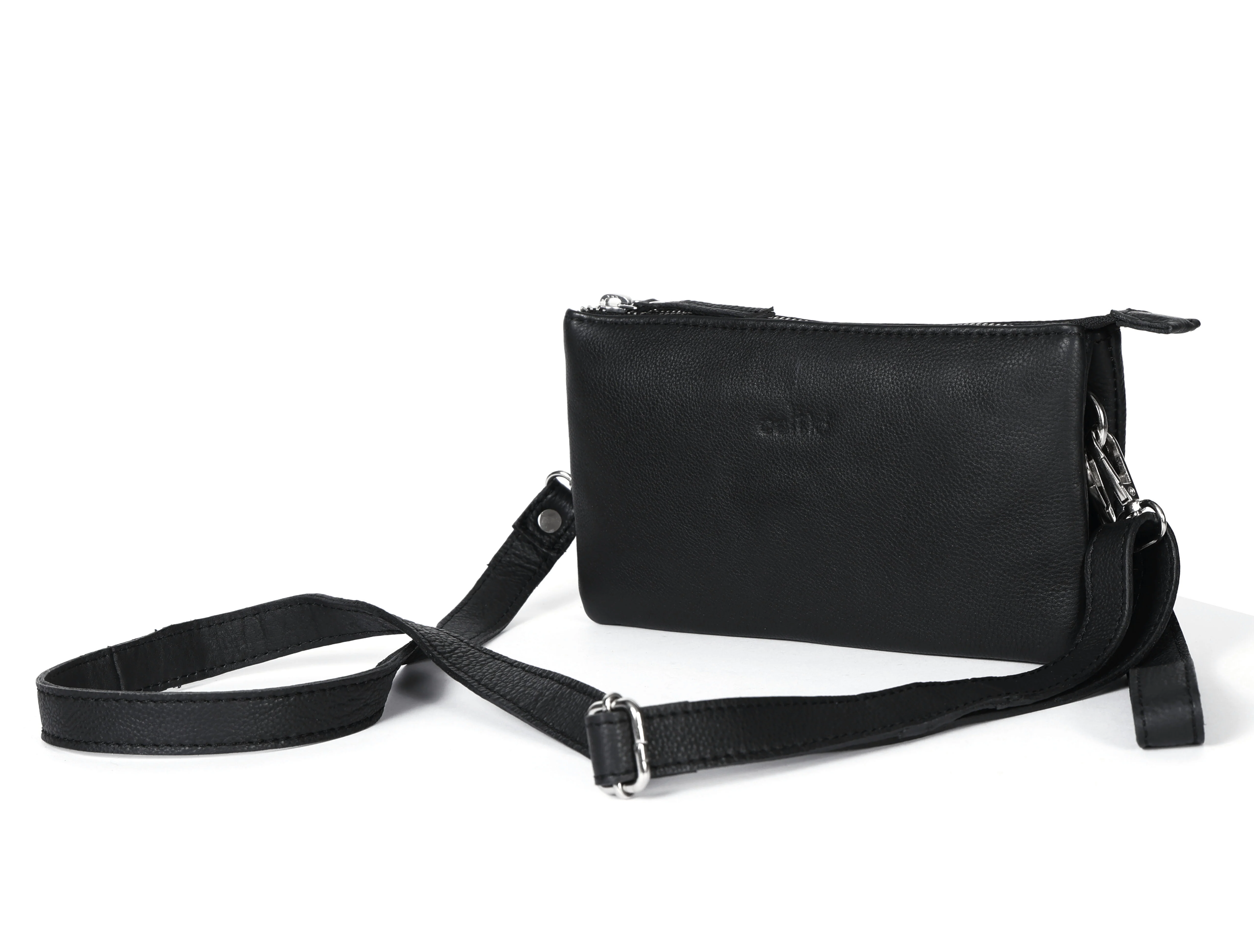 Premium Black Genuine Leather Sling Clutch with Dual Zip Compartments & Adjustable Strap - Image 3