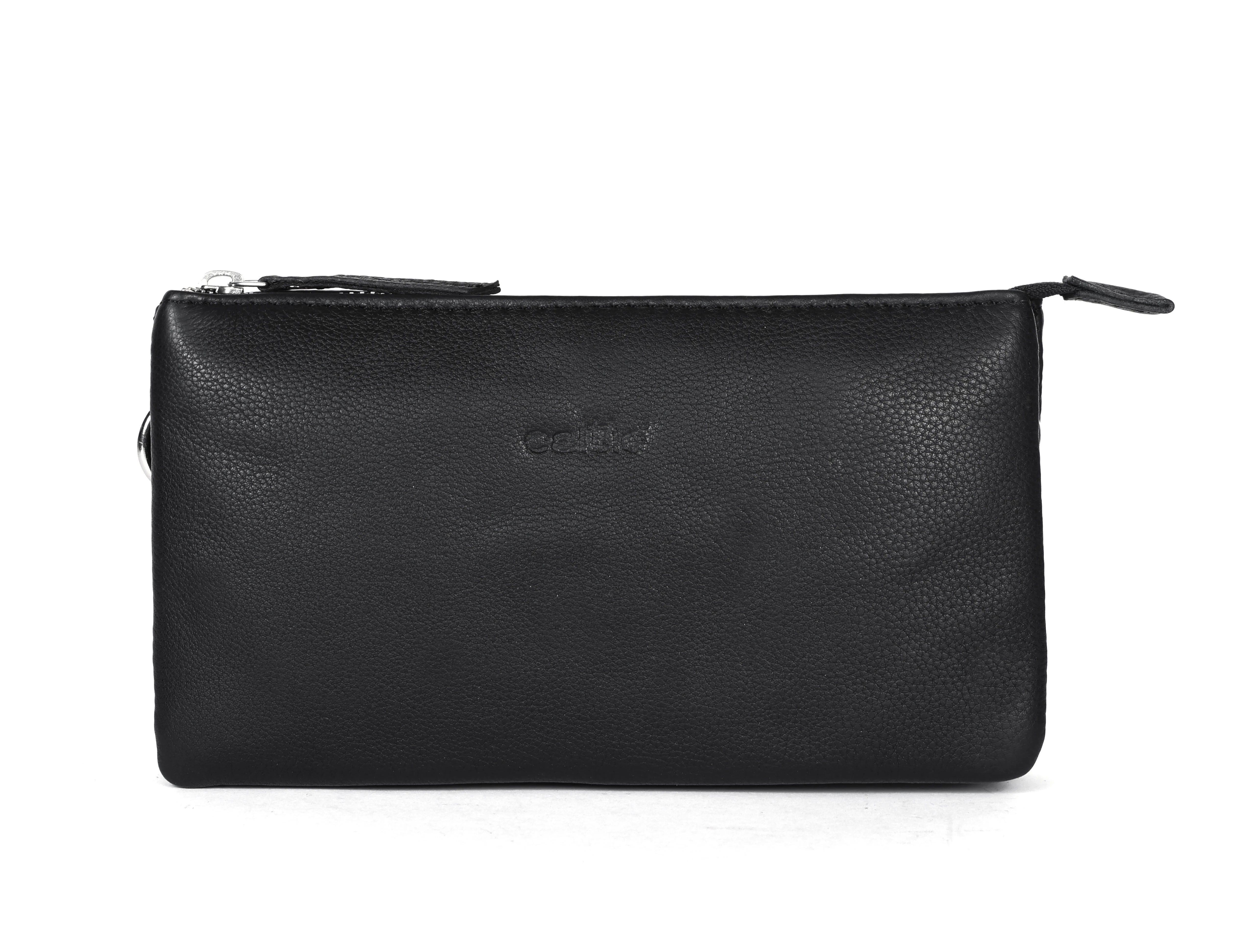 Premium Black Genuine Leather Sling Clutch with Dual Zip Compartments & Adjustable Strap - Image 4