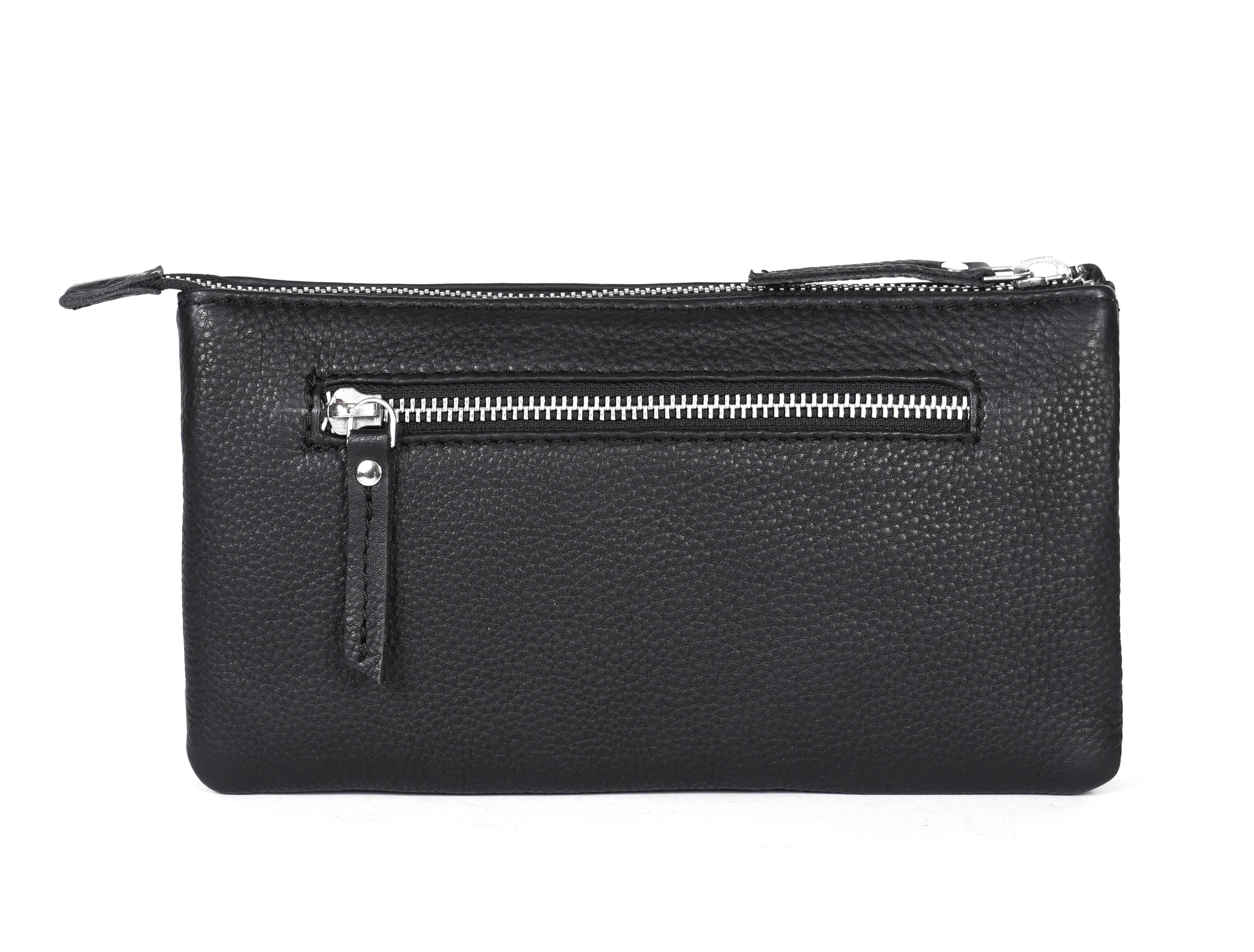 Premium Black Genuine Leather Sling Clutch with Dual Zip Compartments & Adjustable Strap - Image 8