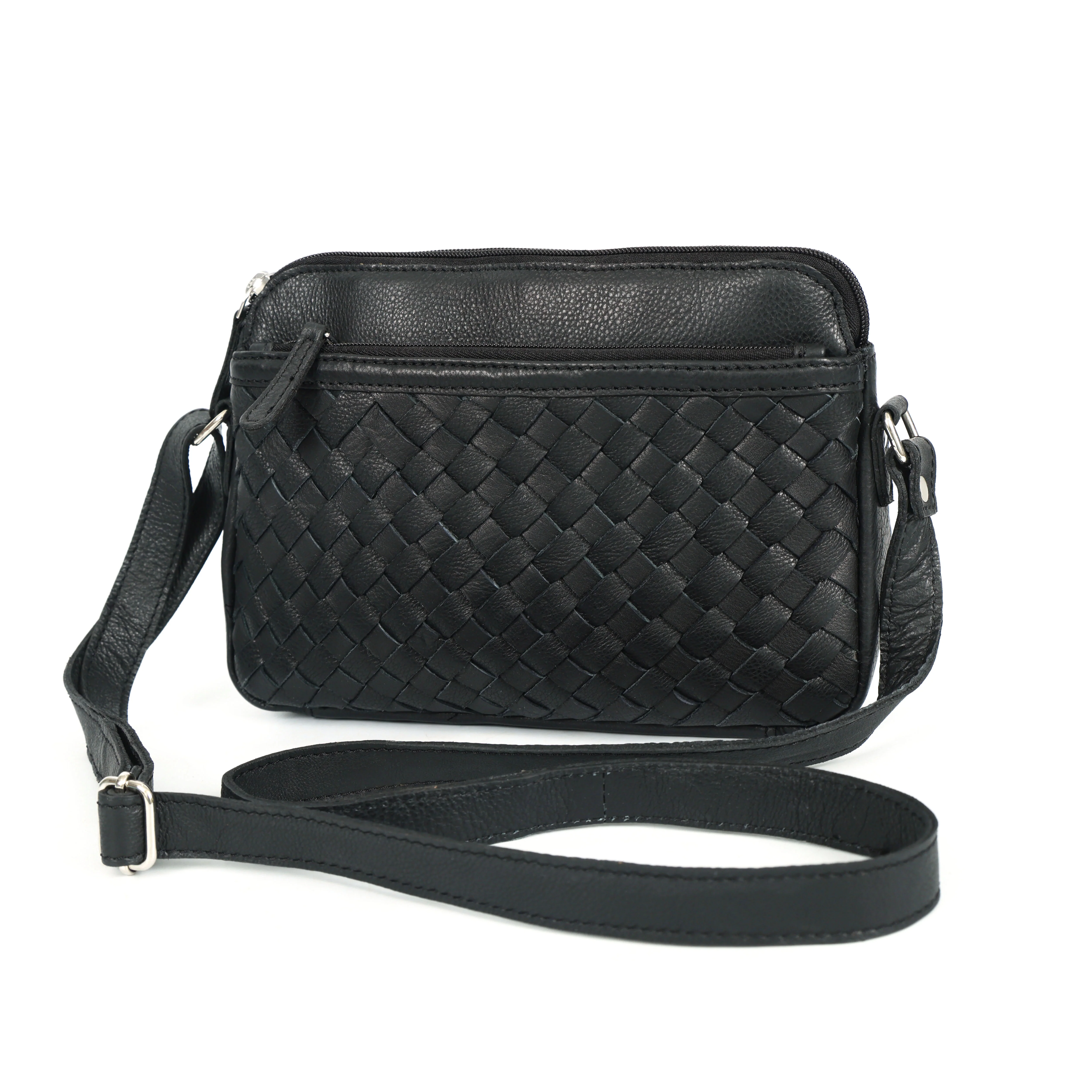 Premium Black Handwoven Leather Crossbody Bag with Adjustable Strap & Zip Compartments - Image 2