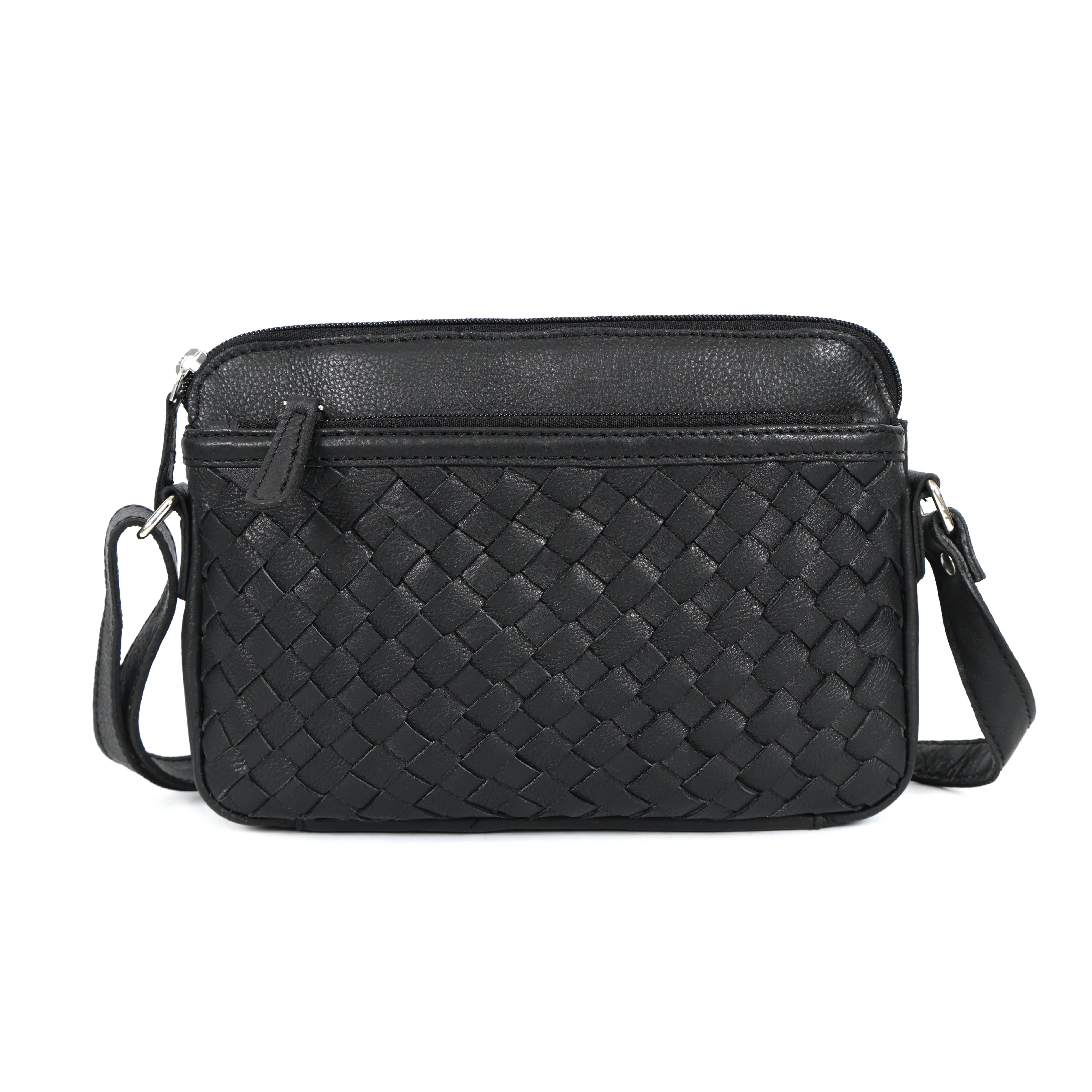Premium Black Handwoven Leather Crossbody Bag with Adjustable Strap & Zip Compartments - Image 3