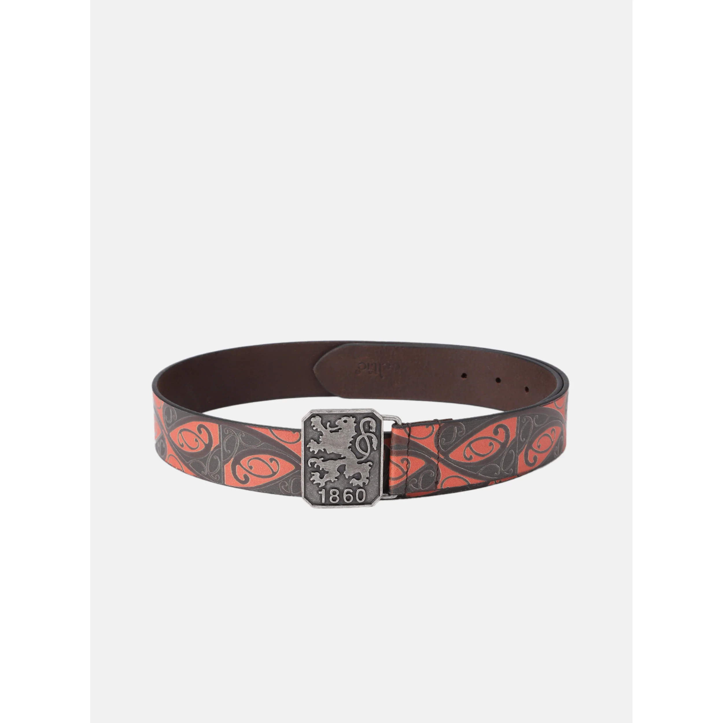 Men Genuine Leather Red Black Tribal Scroll Waist Belt with Antique Emblem Buckle - Image 2