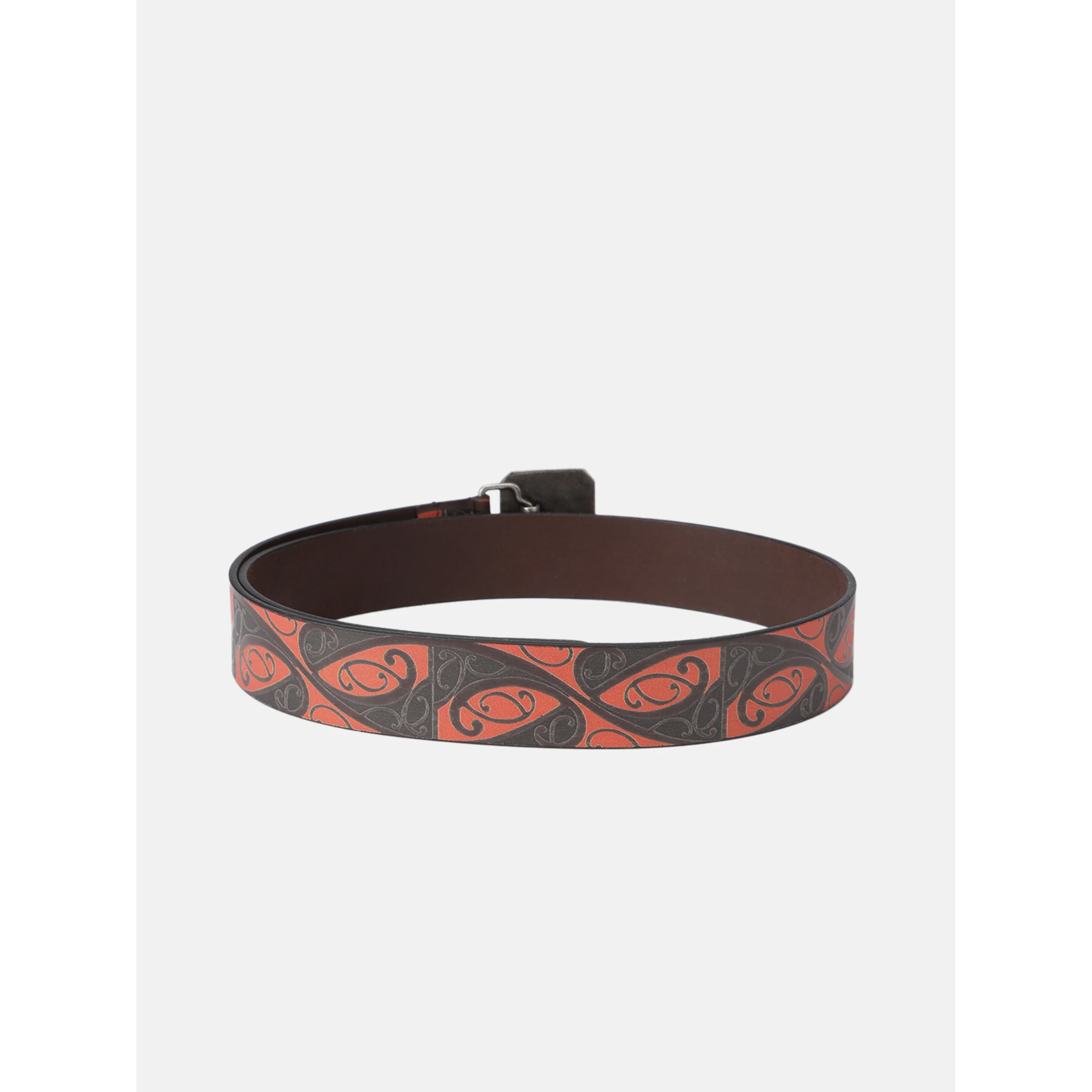 Men Genuine Leather Red Black Tribal Scroll Waist Belt with Antique Emblem Buckle - Image 3