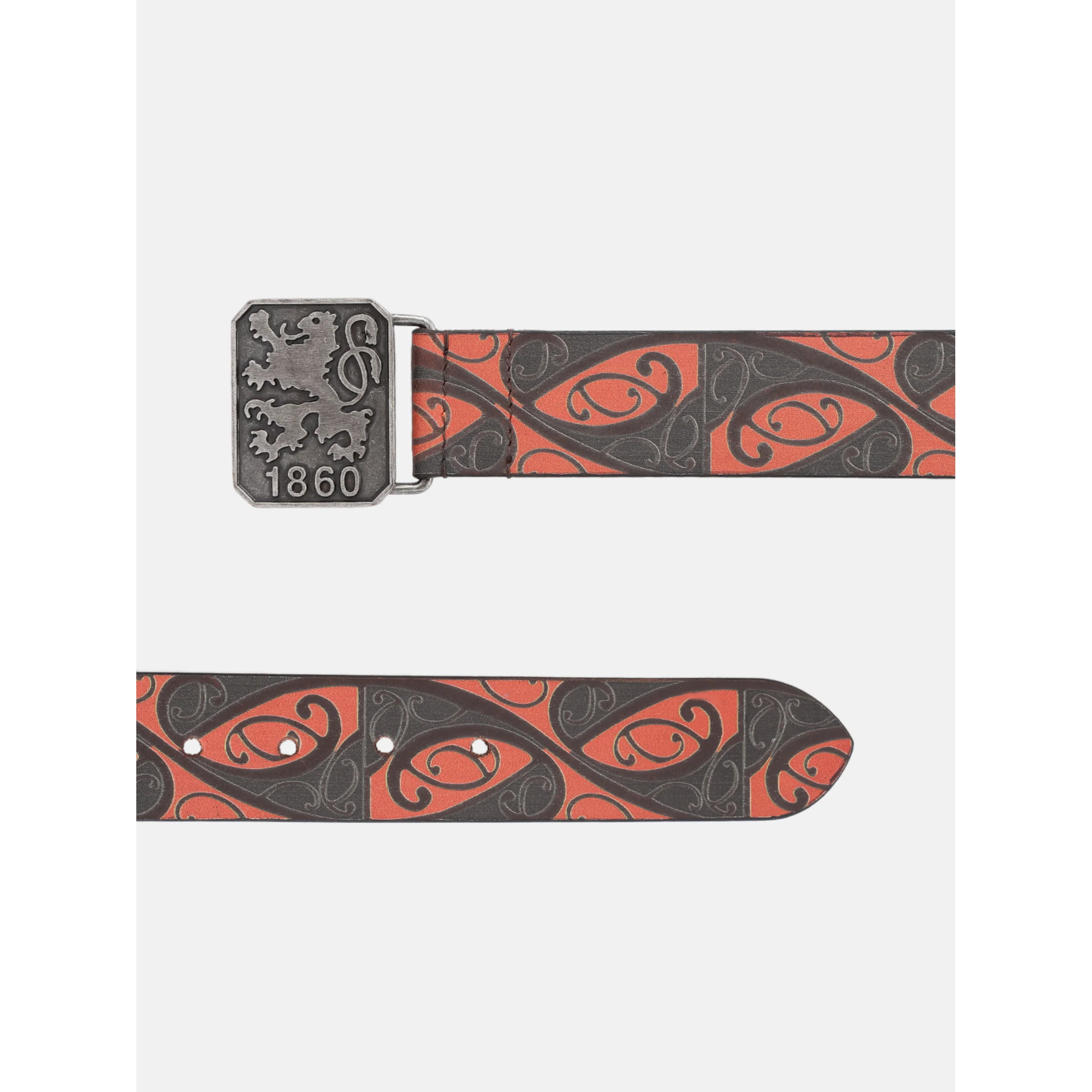 Men Genuine Leather Red Black Tribal Scroll Waist Belt with Antique Emblem Buckle - Image 4