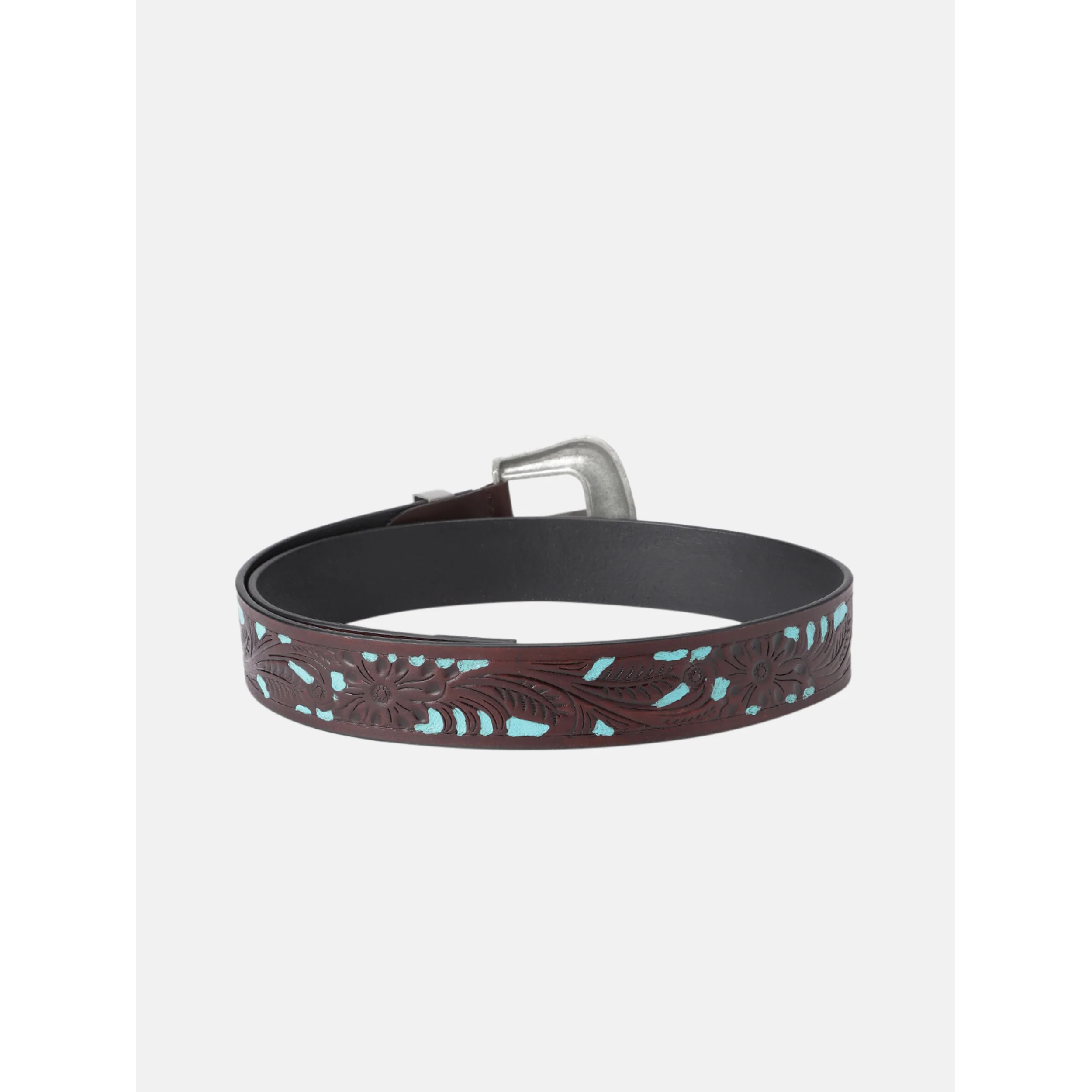 Unisex Genuine Leather Embossed Floral Brown Teal Western Waist Accessory Silver Buckle - Image 3
