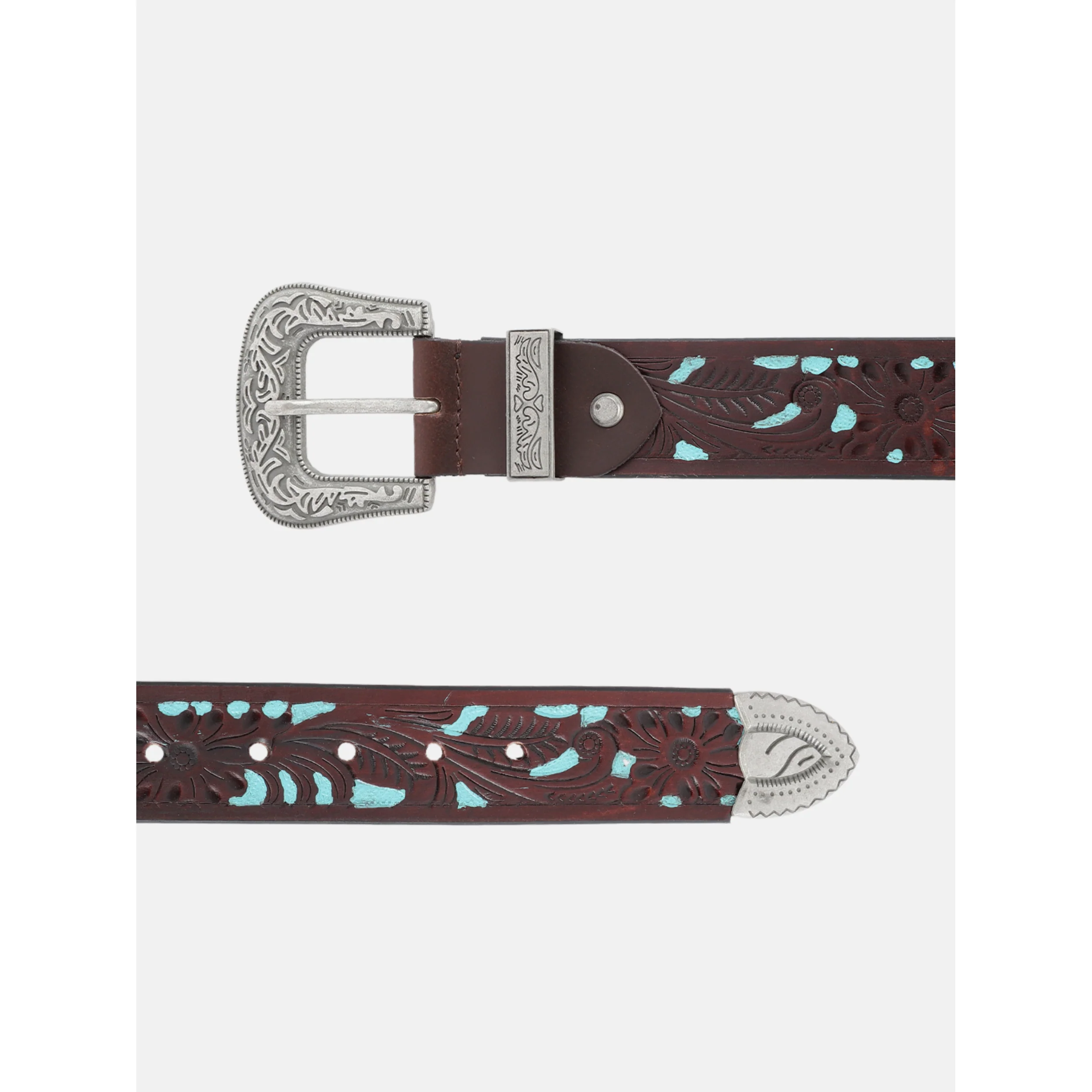 Unisex Genuine Leather Embossed Floral Brown Teal Western Waist Accessory Silver Buckle - Image 4