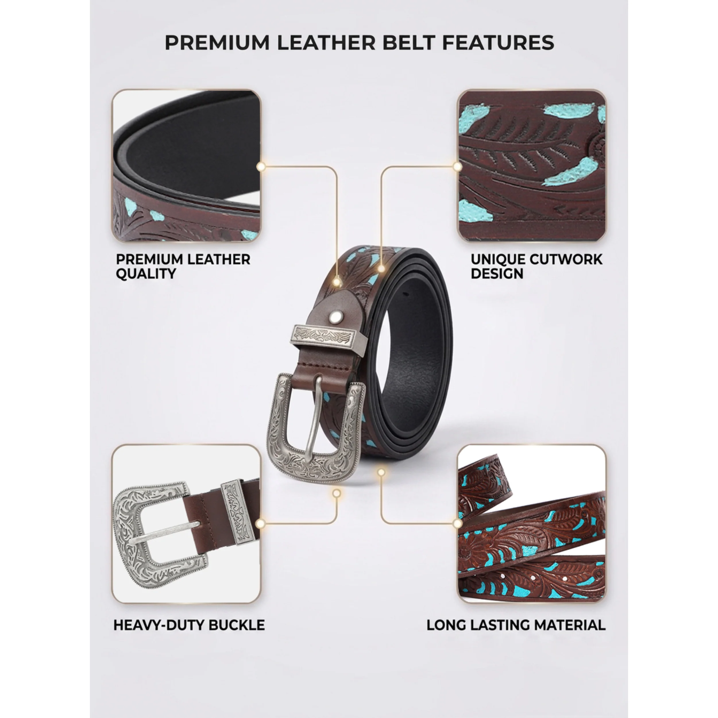 Unisex Genuine Leather Embossed Floral Brown Teal Western Waist Accessory Silver Buckle - Image 6
