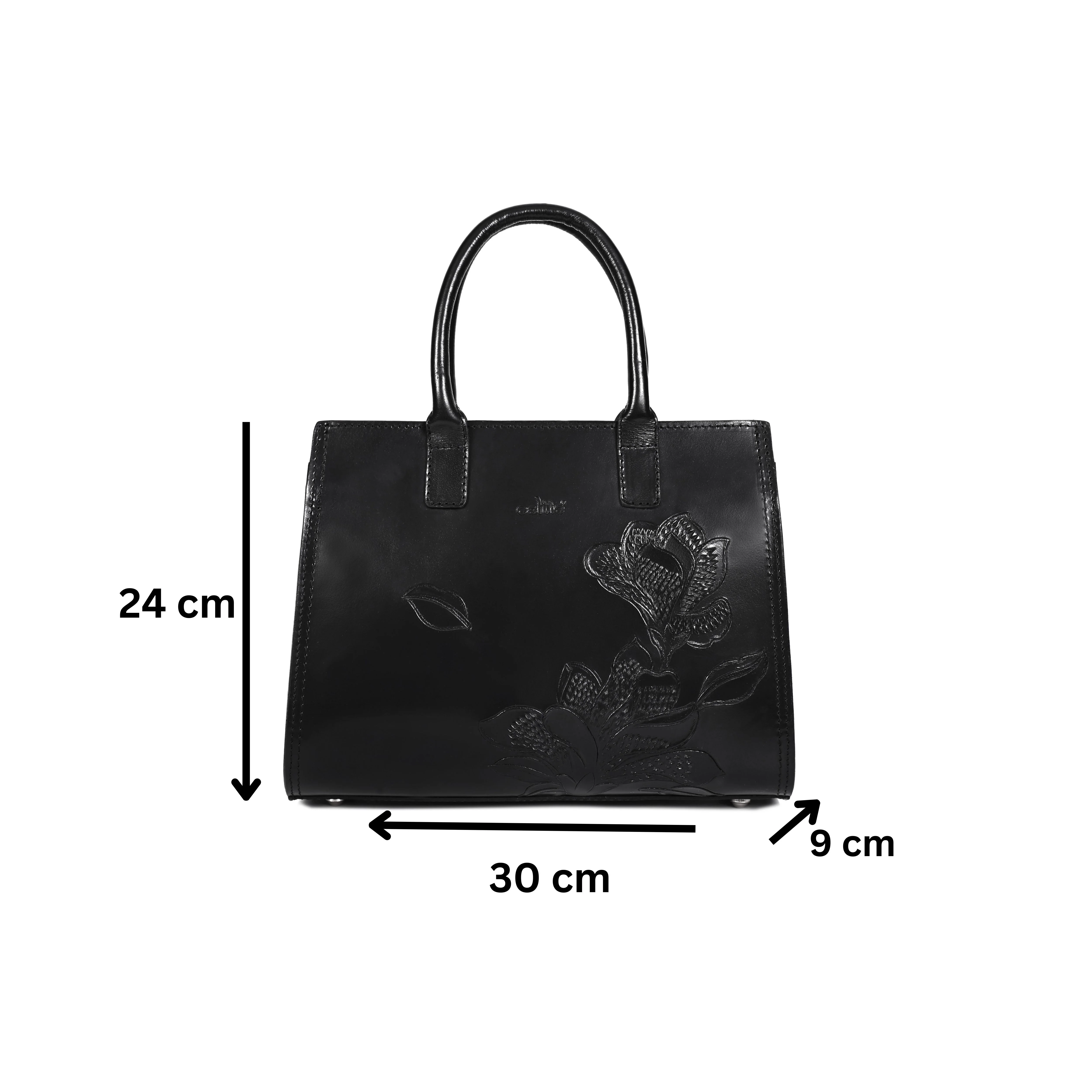 Premium Genuine Leather Tote with Floral Embossing, Top Handles, Zip Closure - Image 10