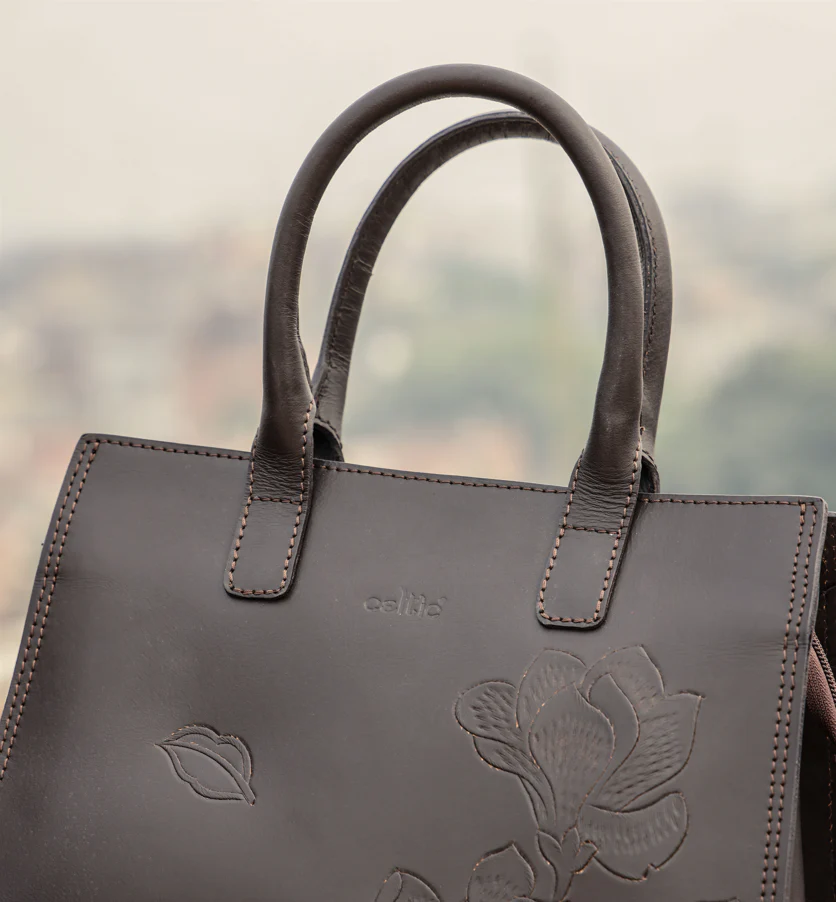 Premium Genuine Leather Tote with Floral Embossing, Top Handles, Zip Closure - Image 12