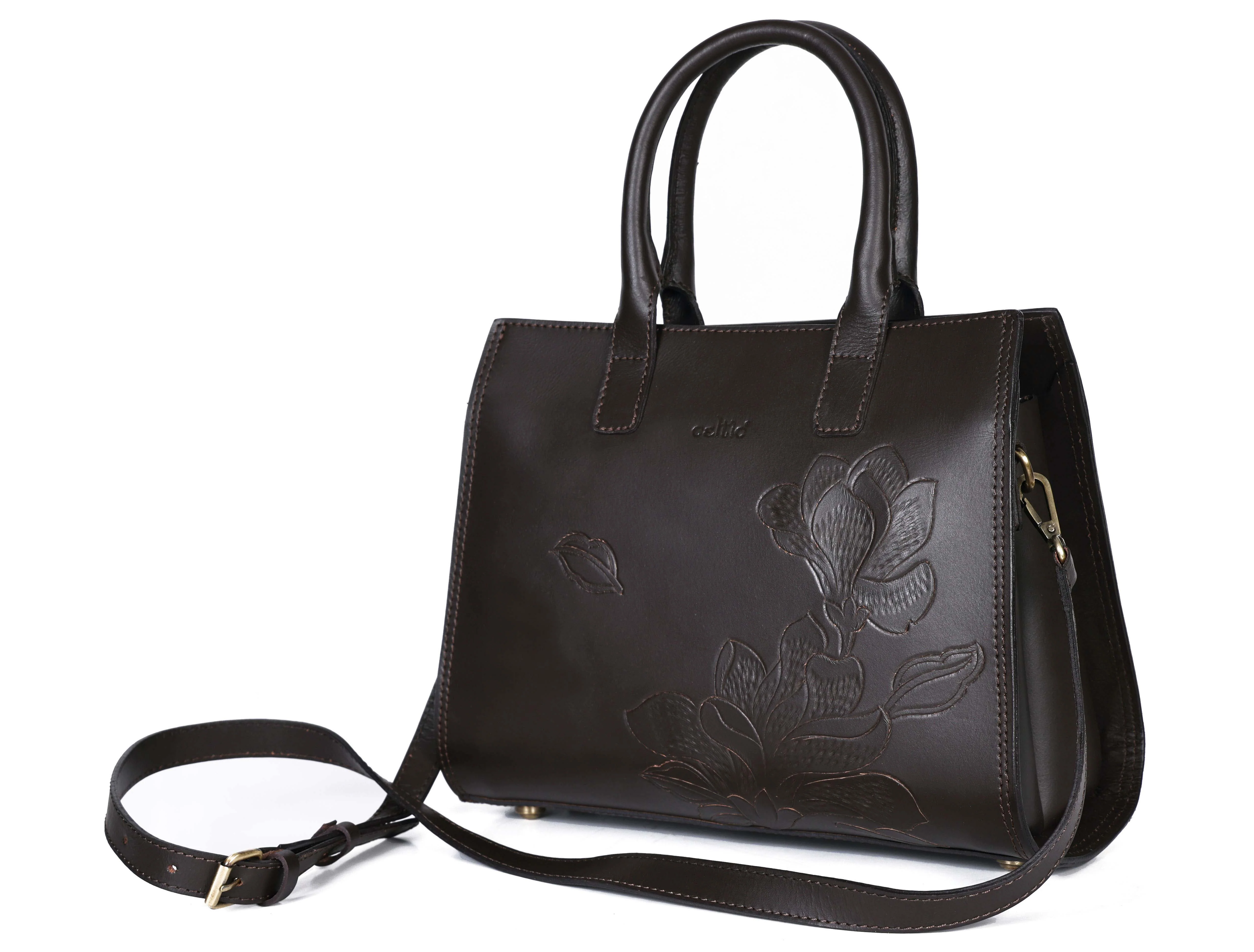 Premium Genuine Leather Tote with Floral Embossing, Top Handles, Zip Closure - Image 13