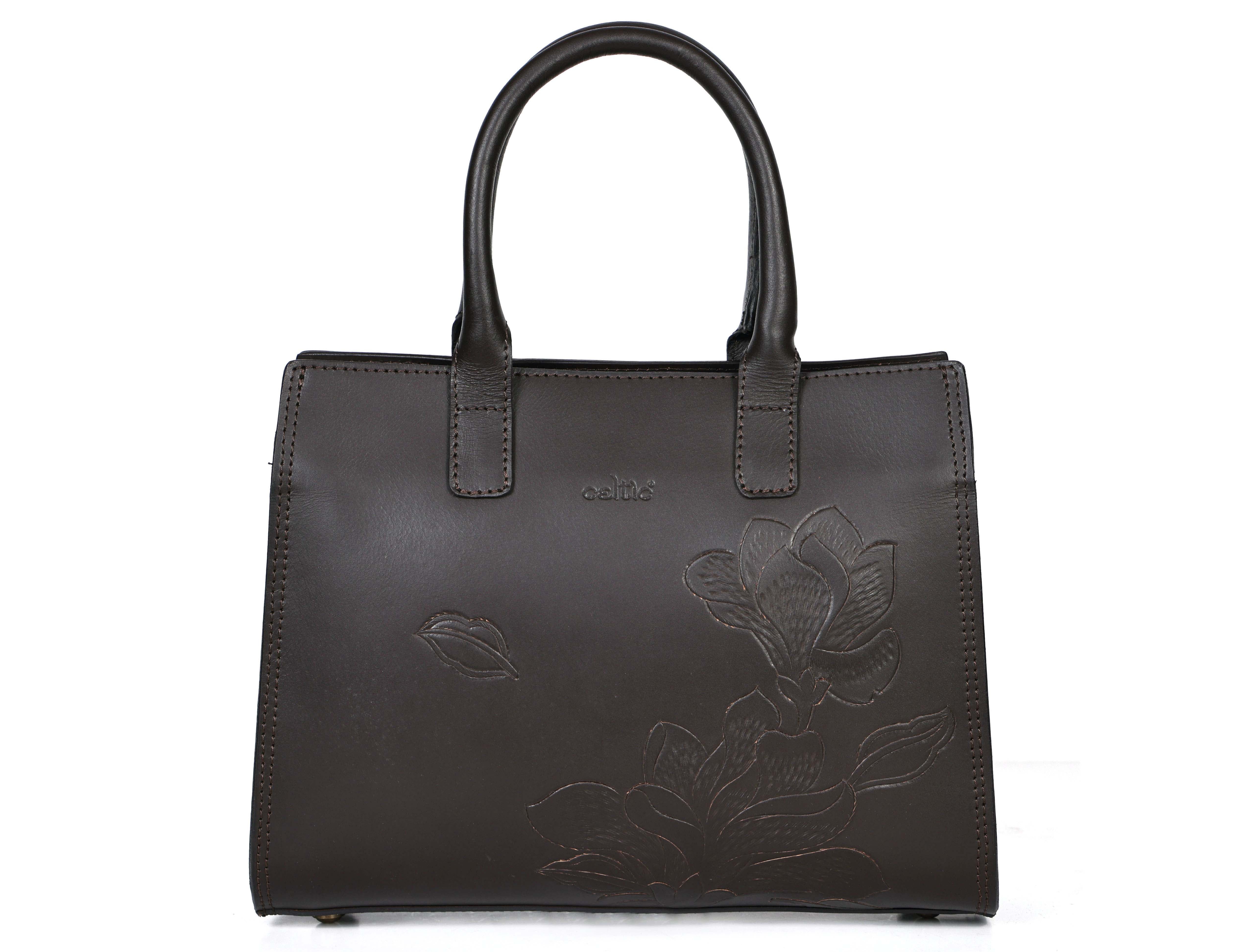 Premium Genuine Leather Tote with Floral Embossing, Top Handles, Zip Closure - Image 15