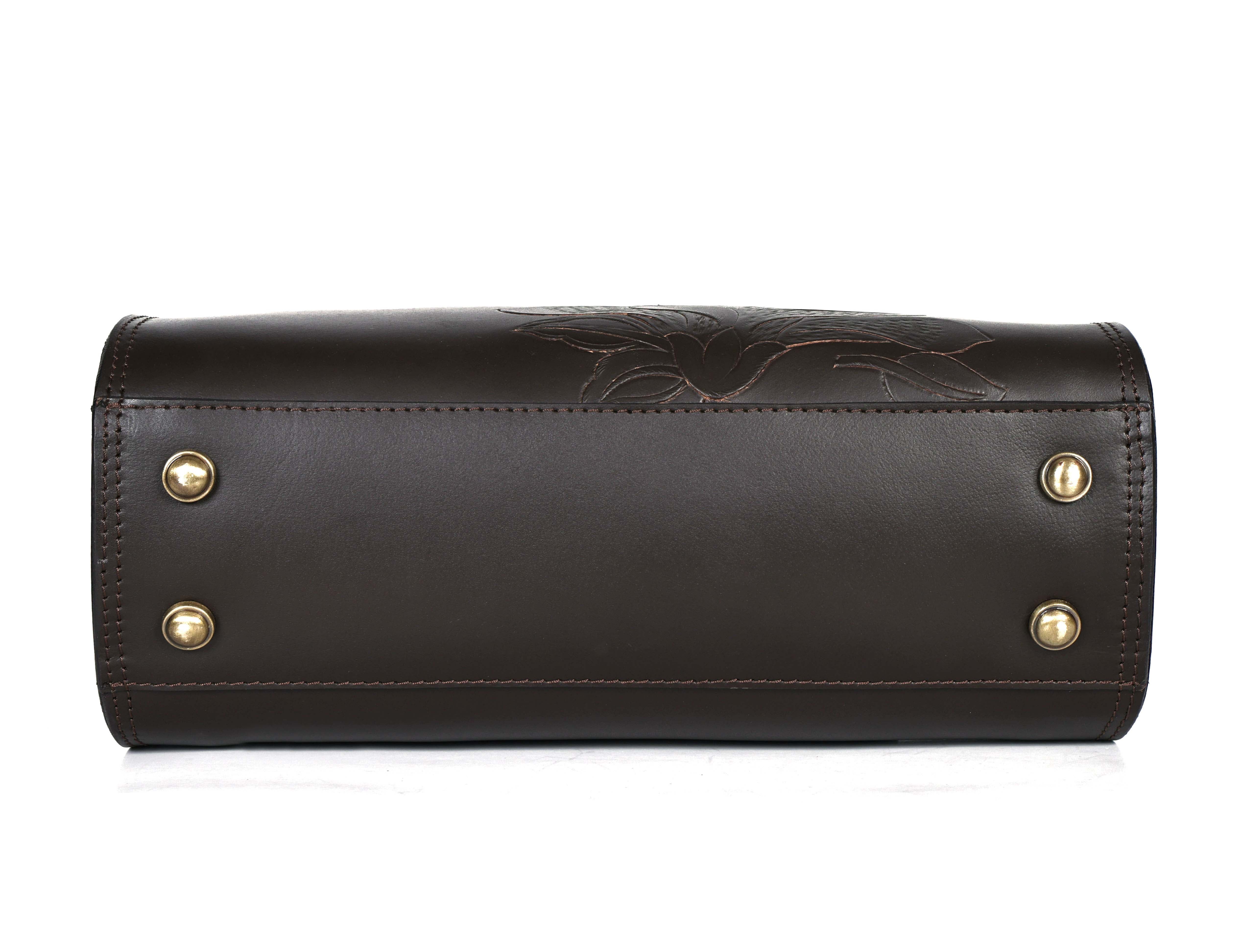 Premium Genuine Leather Tote with Floral Embossing, Top Handles, Zip Closure - Image 16